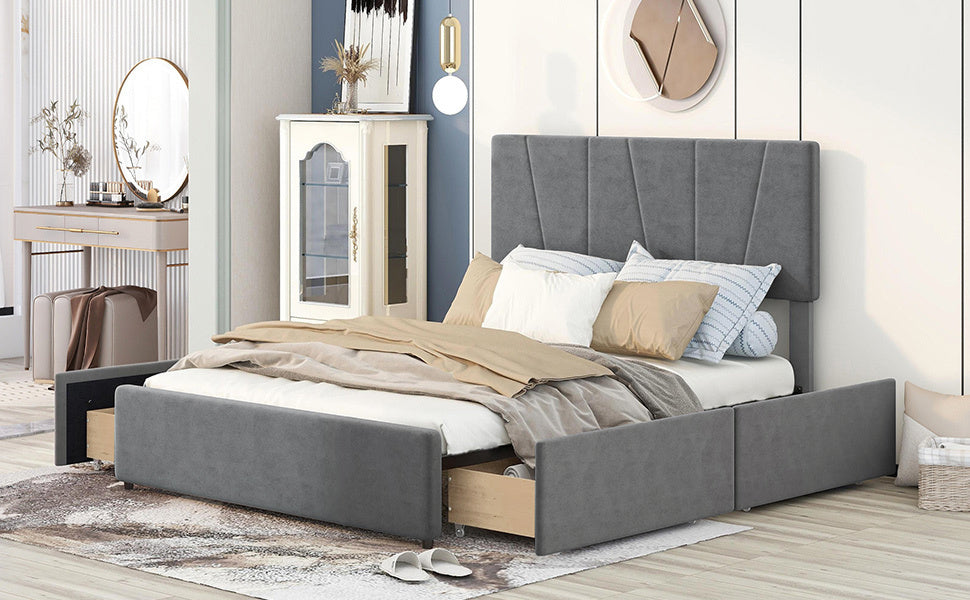 Queen Size Upholstery Platform Bed with Four Drawers on Two Sides, Adjustable Headboard, Grey(: WF291774EAA)