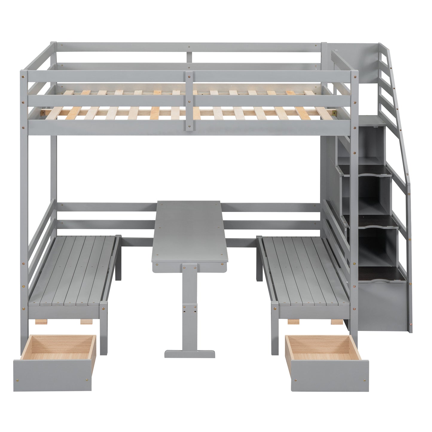 Full over Full Size Bunk with staircase,the Down Bed can be Convertible to Seats and Table Set,Gray