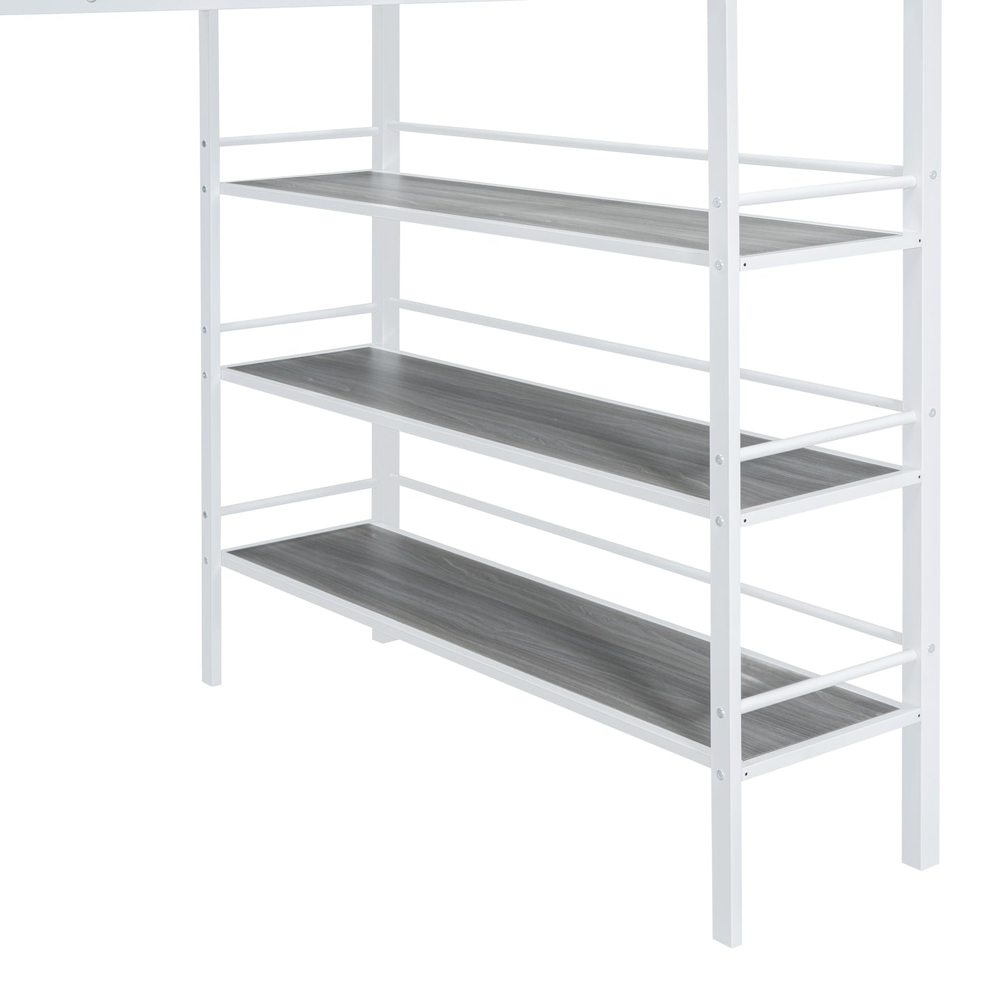 Full Size Loft Metal Bed with 3 Layers of Shelves and Desk, Stylish Metal Frame Bed with Whiteboard, White