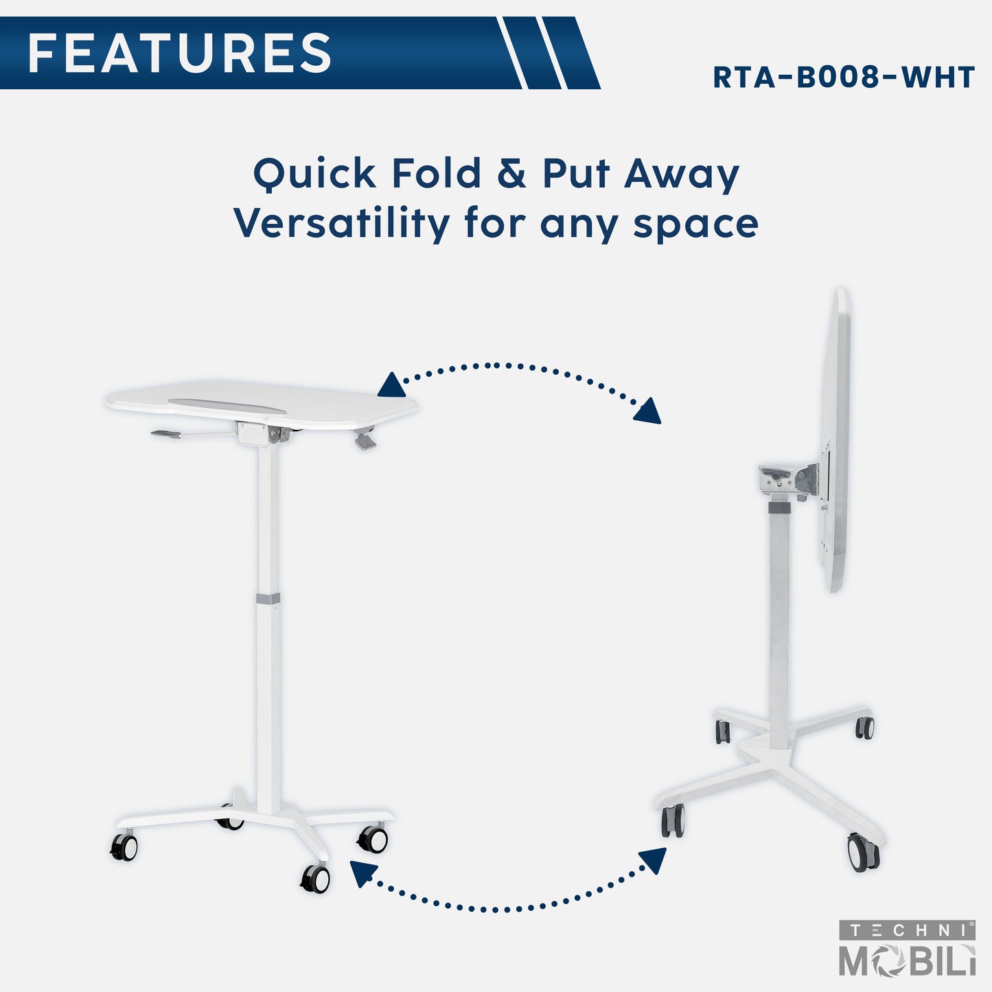 Adjustable White Laptop Stand with Tilt Tabletop and Rolling Mechanism