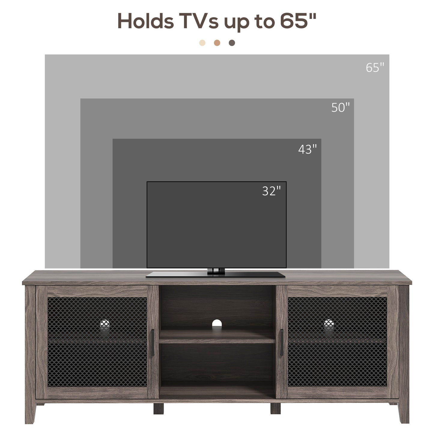 Industrial Entertainment Stand with Mesh Doors for TVs up to 65, Brown Wood Texture TV Cabinet