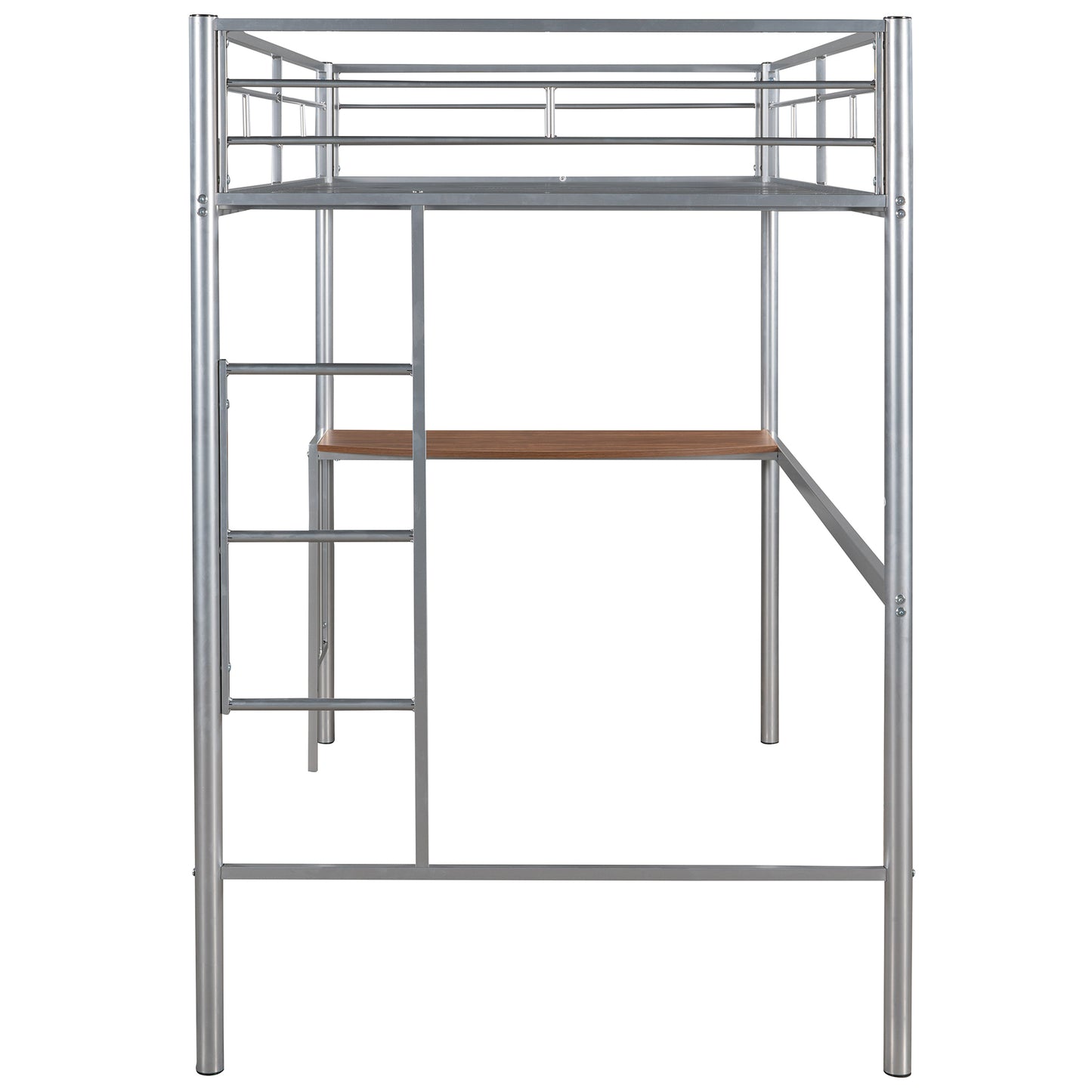 Silver Metal Twin Over Full Loft Bed with Integrated Desk and Ladder