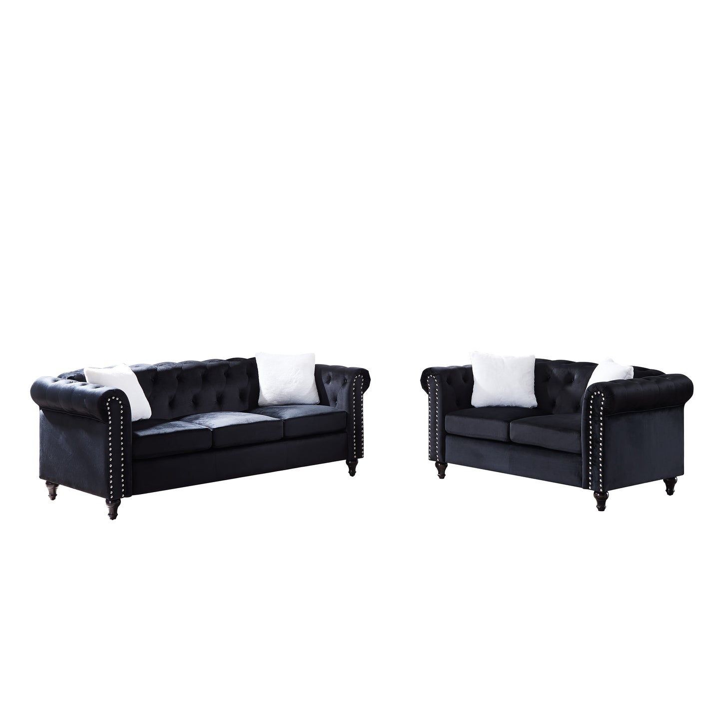 Contemporary Black Velvet 2-Piece Living Room Sofa Set with Button Tufting