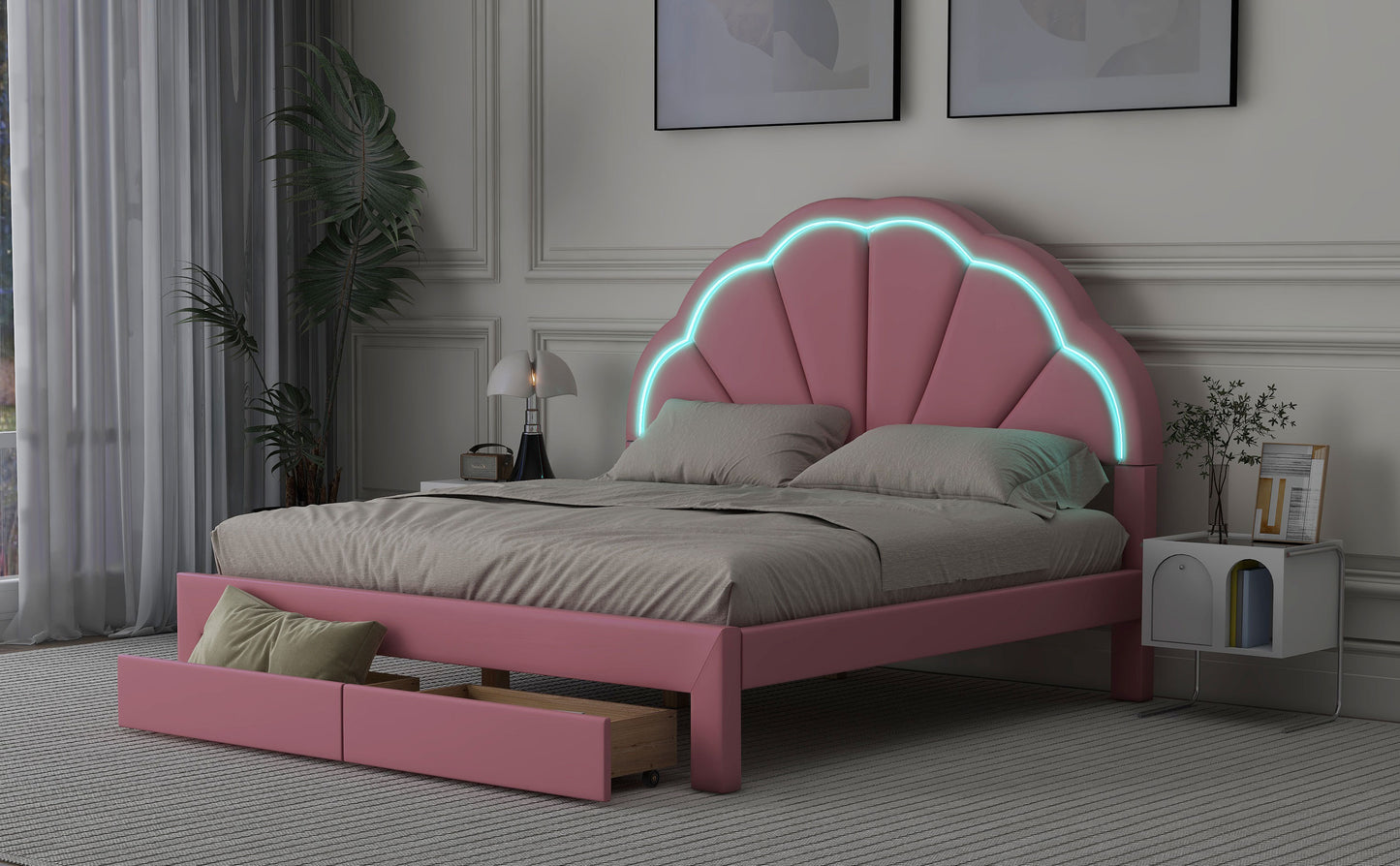 Queen Size Upholstered Platform Bed with Seashell Shaped Headboard, LED and 2 Drawers, Pink