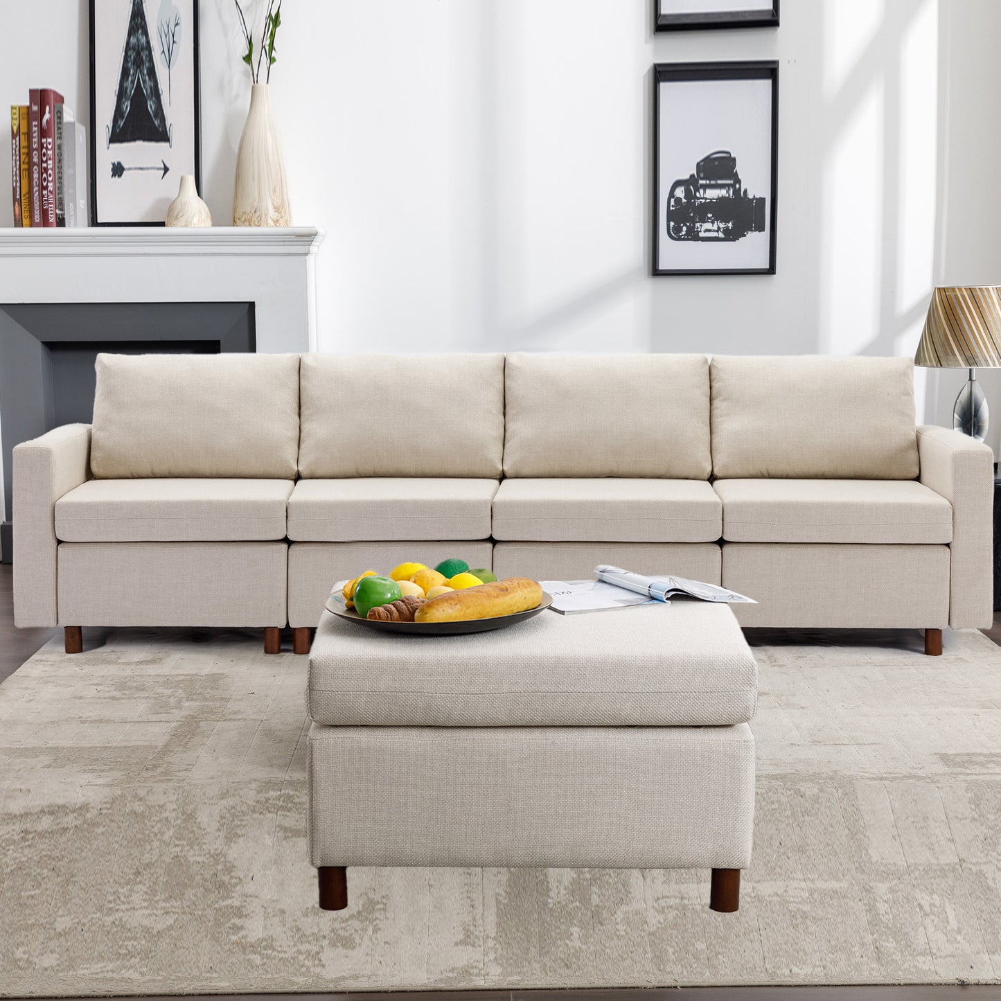 4 Seater Sectional Sofa with Ottoman, Cream Linen, Non-Removable Cushions