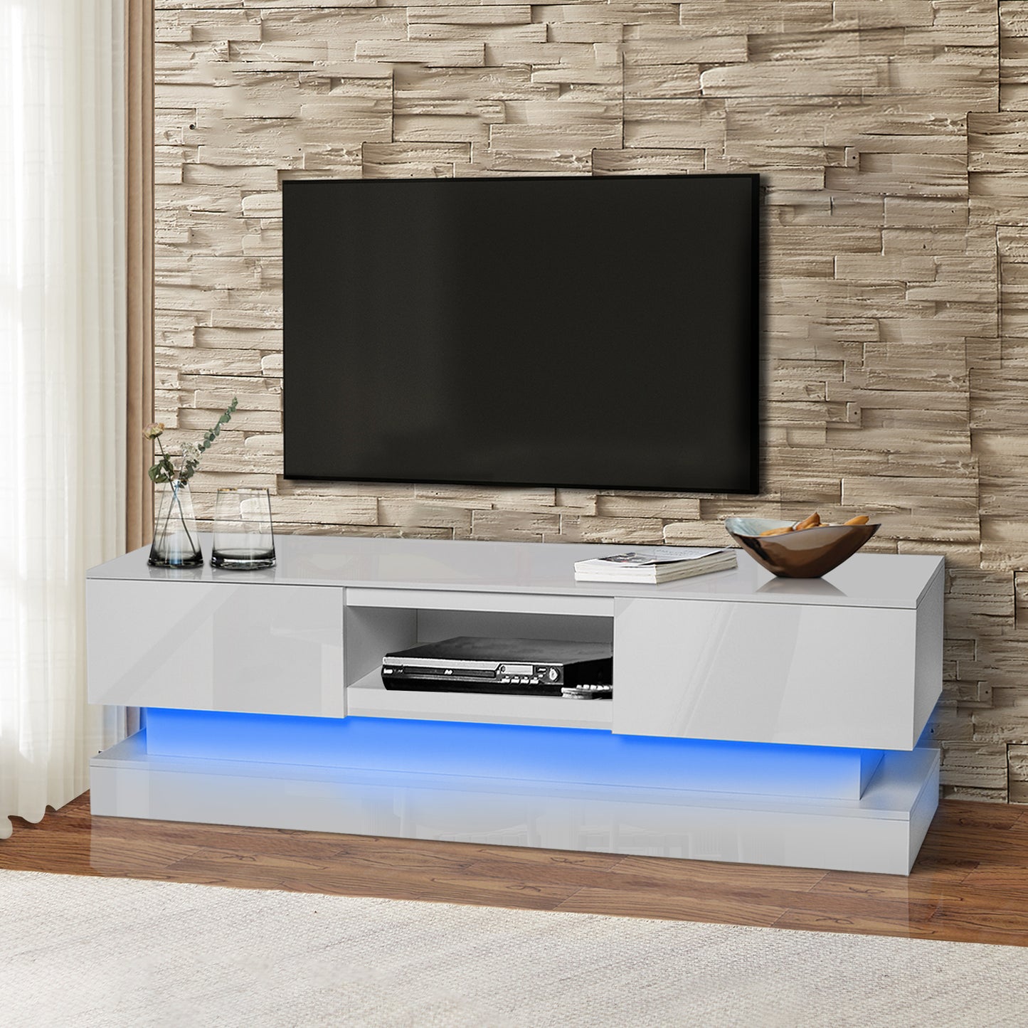 WHITE TV Stand with RGB LED Lights and Spacious Storage - Modern Design