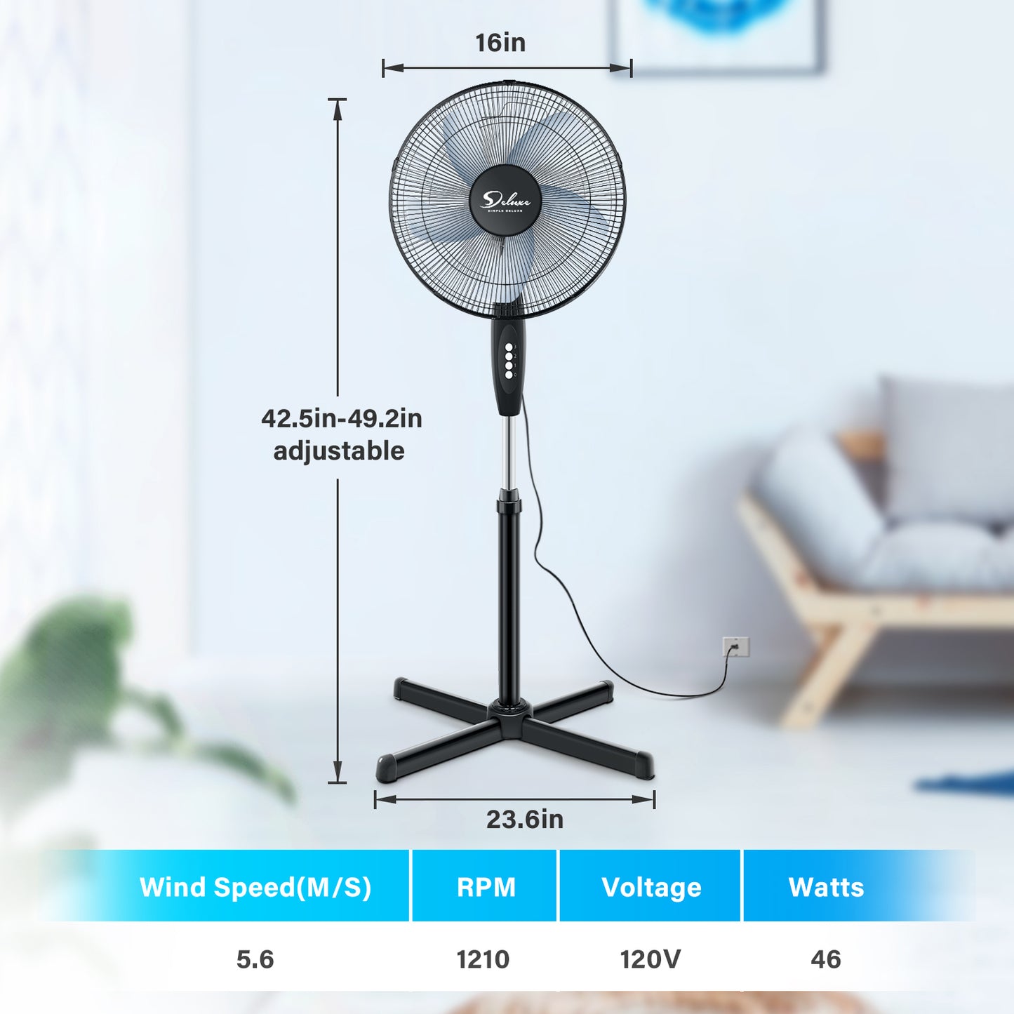 Oscillating Stand Fan with Adjustable Speeds and Height, 16 Inch, Black