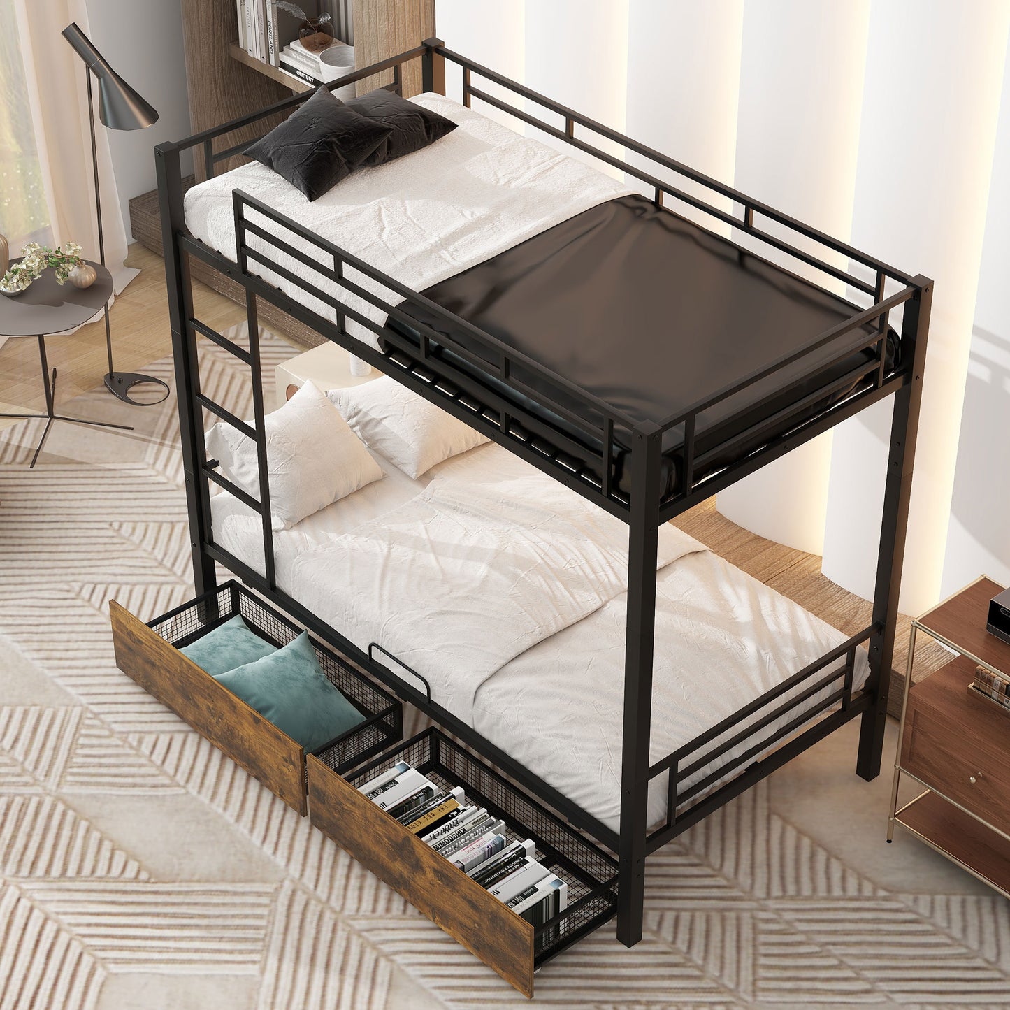 Black Twin Metal Bunk Bed with Underbed Storage Drawers