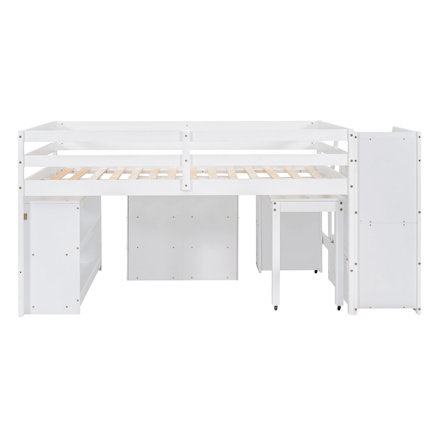 Full Size Loft Bed with Retractable Writing Desk and 3 Drawers, Wooden Loft Bed with Storage Stairs and Shelves, White