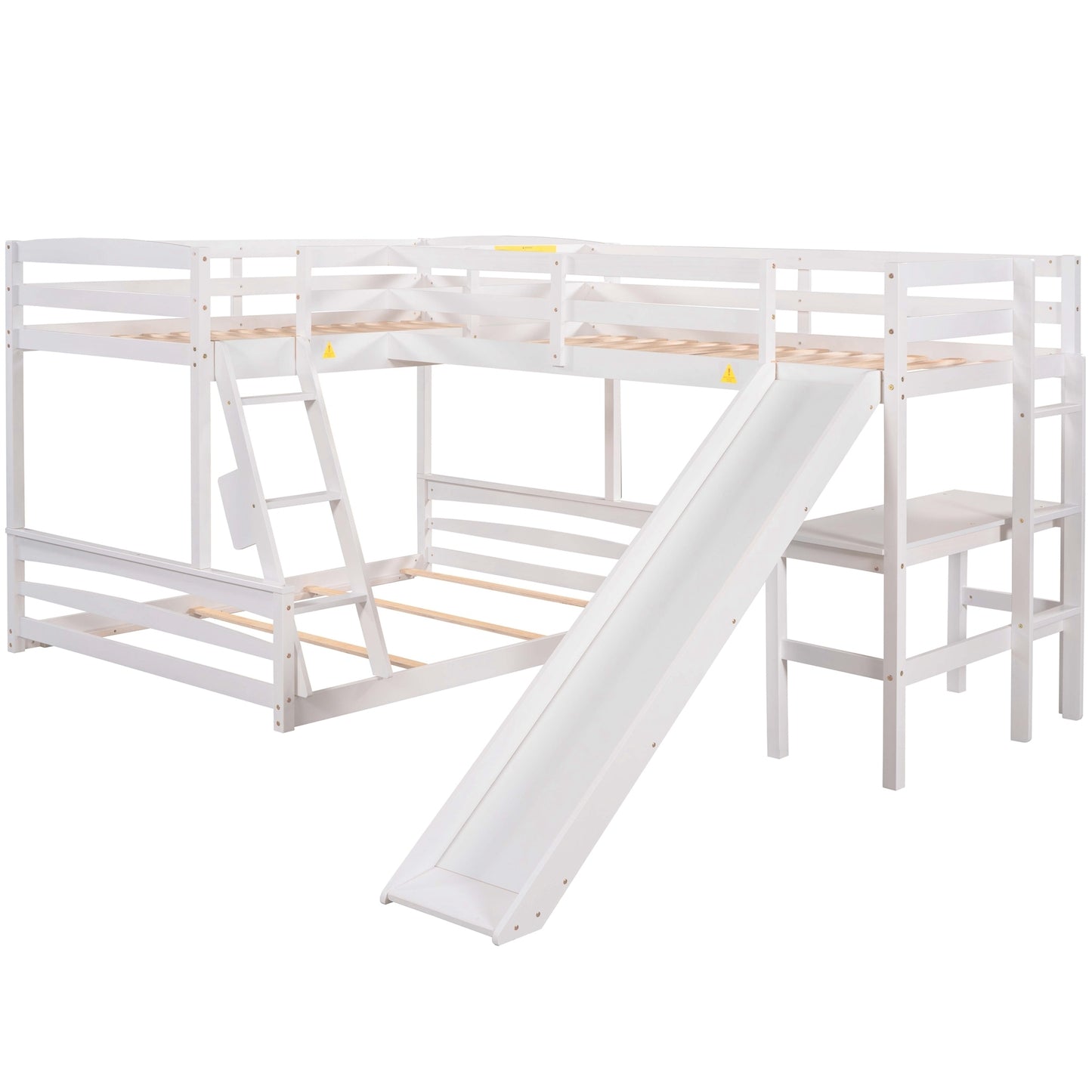 Combined L-Shaped Loft Bunk Bed Set with Desk, Slide & Guardrail in White