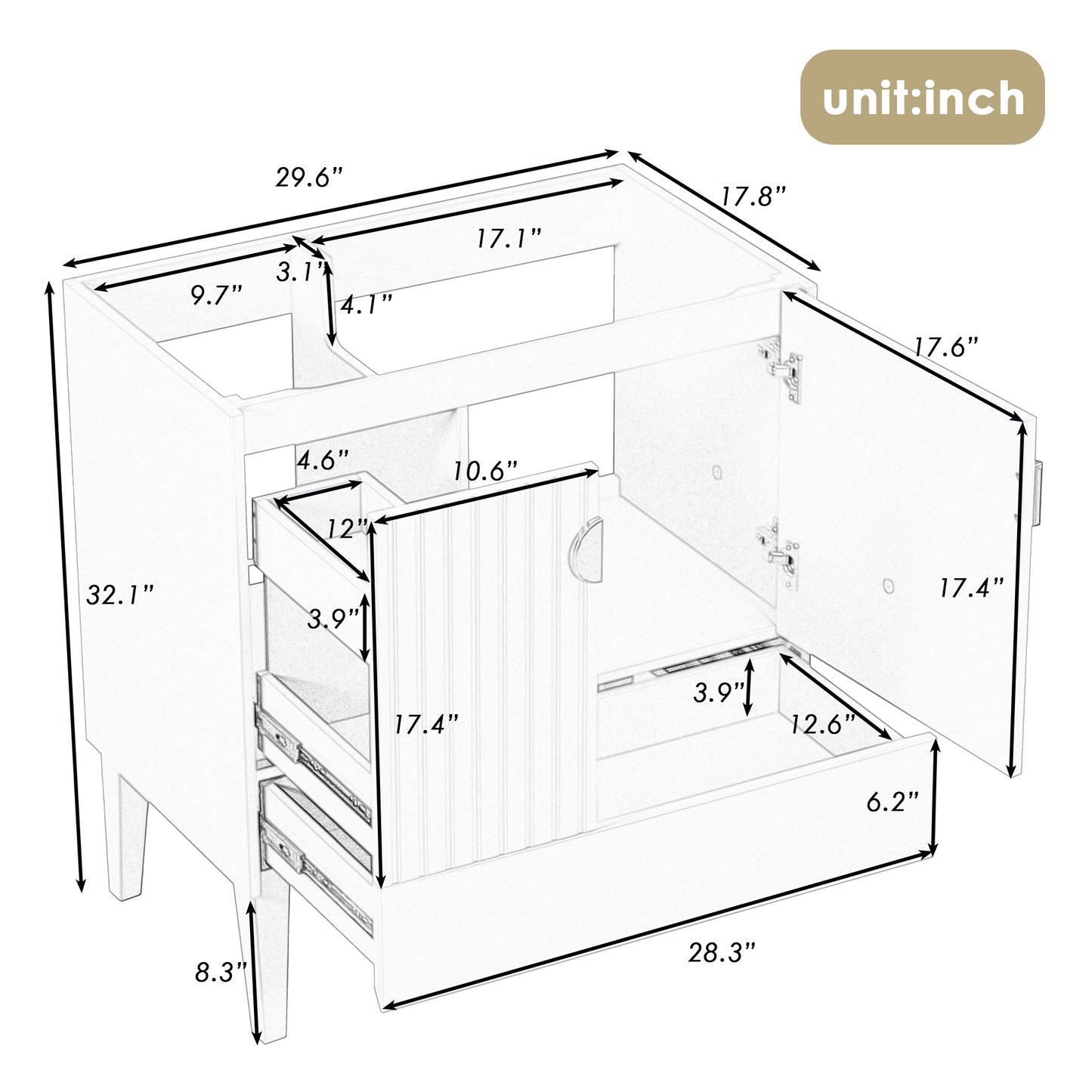 30" Bathroom Vanity without Sink, Base Only, Bathroom Cabinet with Doors and Drawer, Solid Frame and MDF Board, Grey