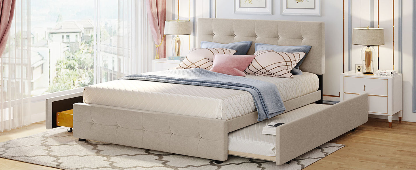 Upholstered Platform Bed with 2 Drawers and 1 Twin XL Trundle,  Linen Fabric, Queen Size - Dark Beige