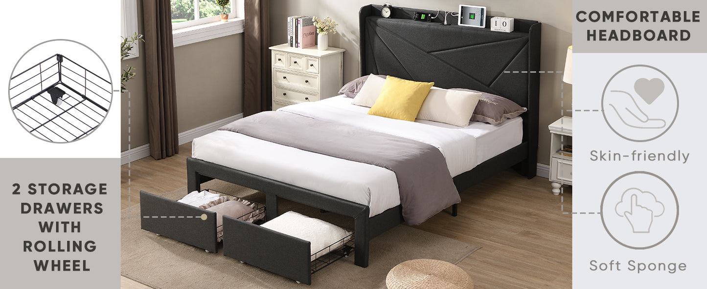 Full Size Bed Frame with 2 Storage Drawers, Upholstered Bed Frame with Wingback Headboard Storage Shelf Built-in USB Charging Stations and Strong Wood Slats Support, No Box Spring Needed, Dark Gray