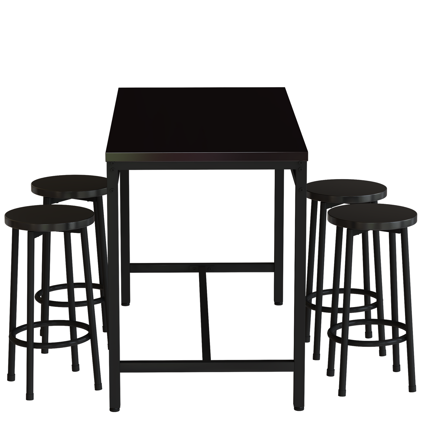 5-piece rural kitchen table with four bar stools, metal frame and MDF, black