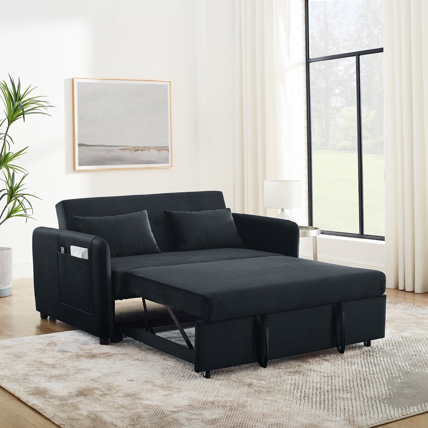 Convertible Sofa Bed, 3-in-1 Versatile Velvet Double Sofa with Pullout Bed, Seat with Adjustable Backrest, Lumbar Pillows, and Living Room Side Pockets, 54 Inch, Black