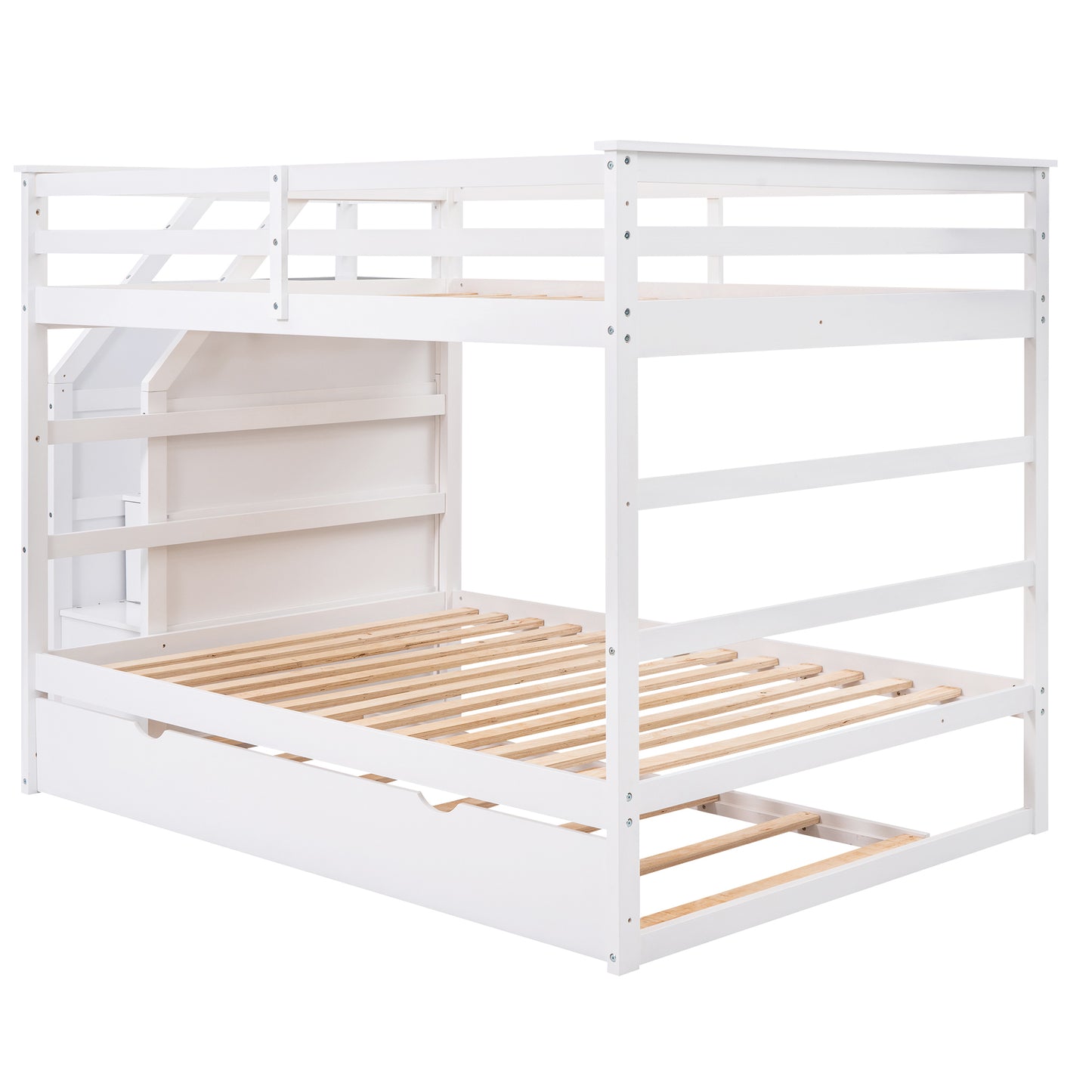 Elegant Full Bunk Bed with Trundle and Storage Stairs, White