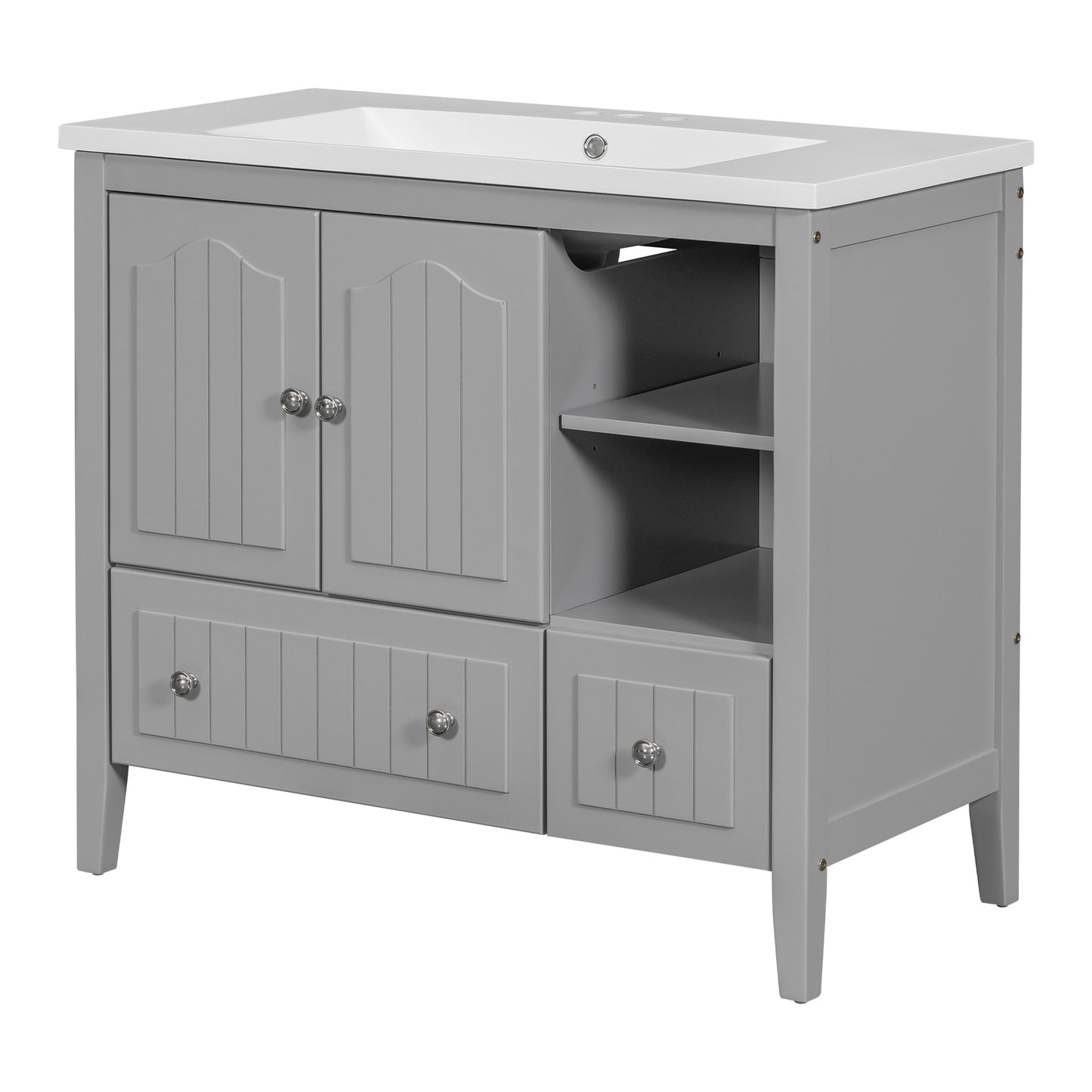 36" Bathroom Vanity with Ceramic Basin, Bathroom Storage Cabinet with Two Doors and Drawers, Solid Frame, Metal Handles, Grey