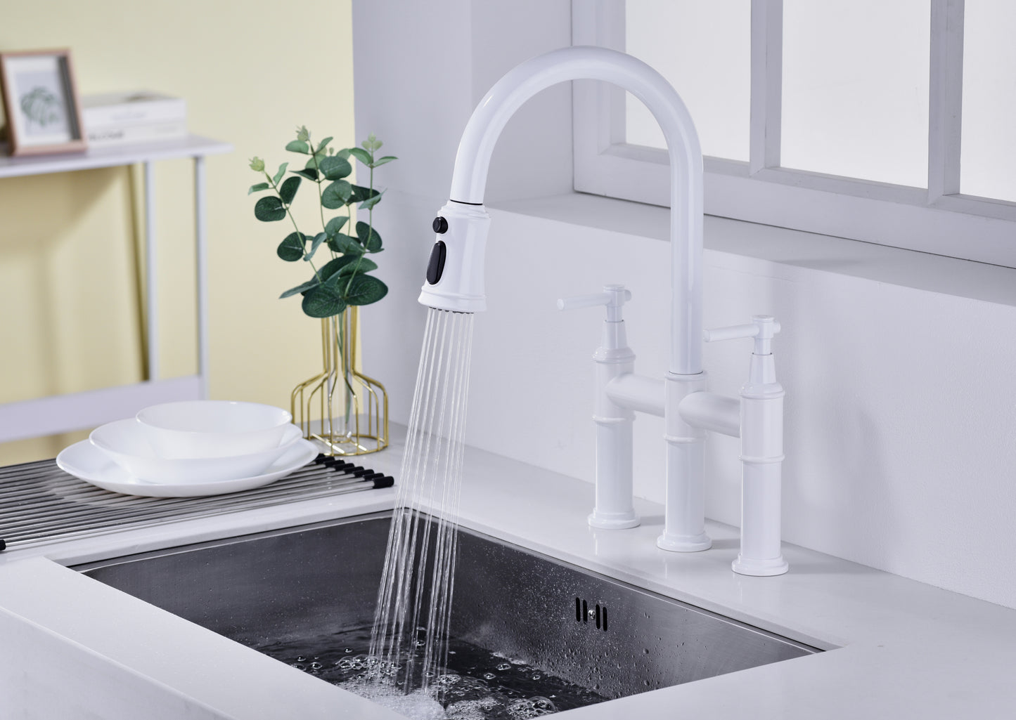 Bridge Kitchen Faucet with Pull-Down Sprayhead in Spot