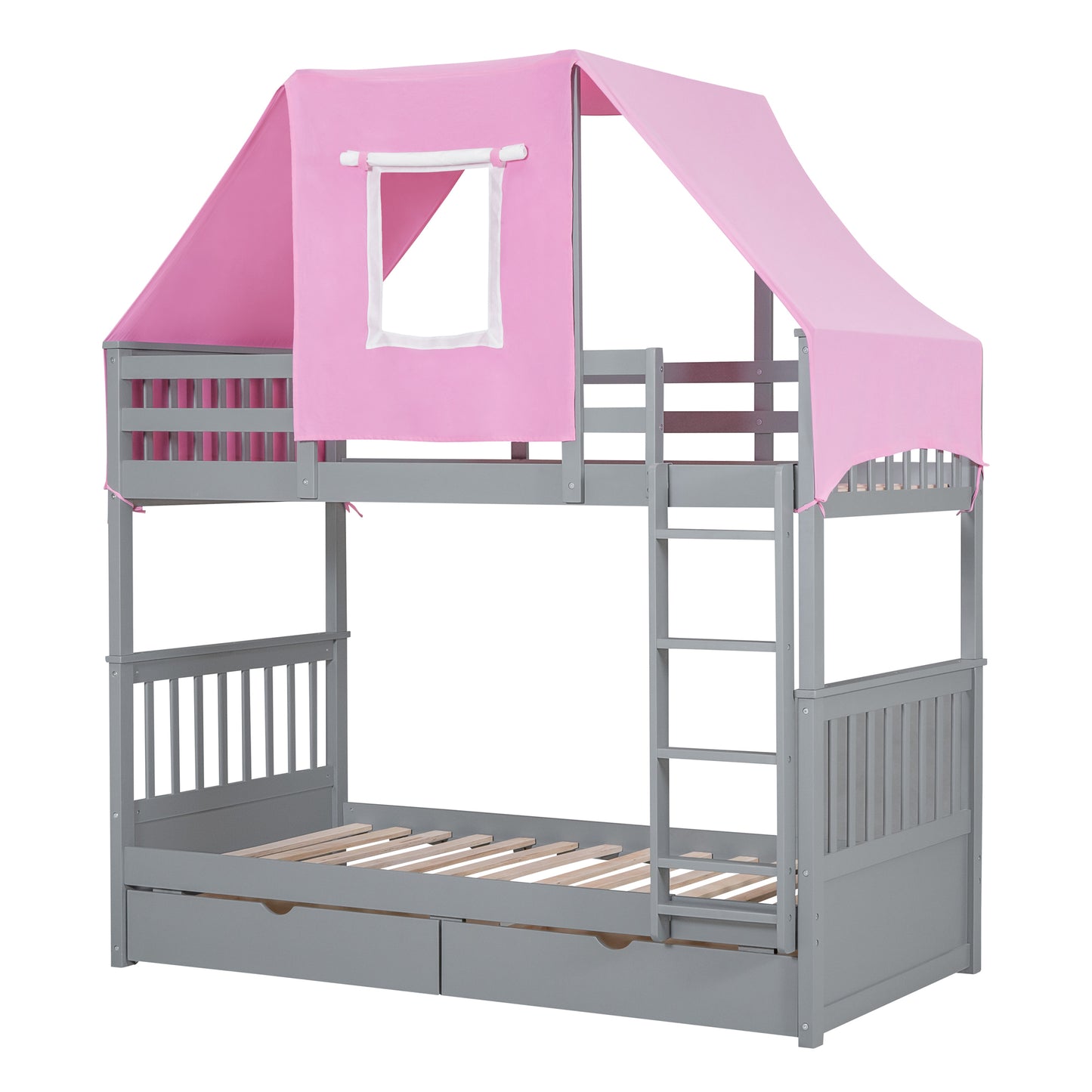 Gray and Pink Twin Over Twin Bunk Bed with Tent and Drawers for a Playful Bedroom Environment