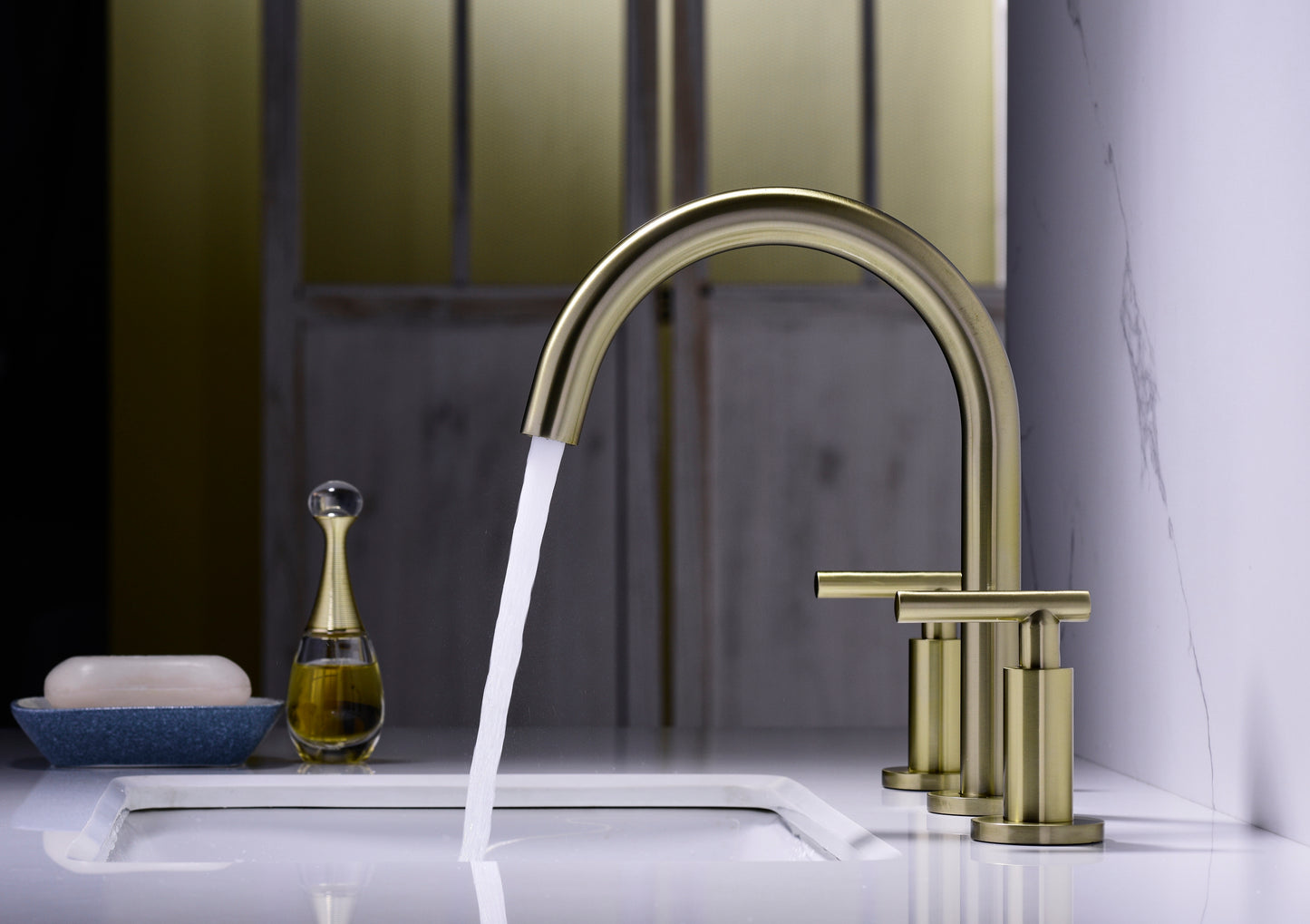 Gold High Arc 3-Hole Widespread Bathroom Sink Faucet with Rotatable Spout