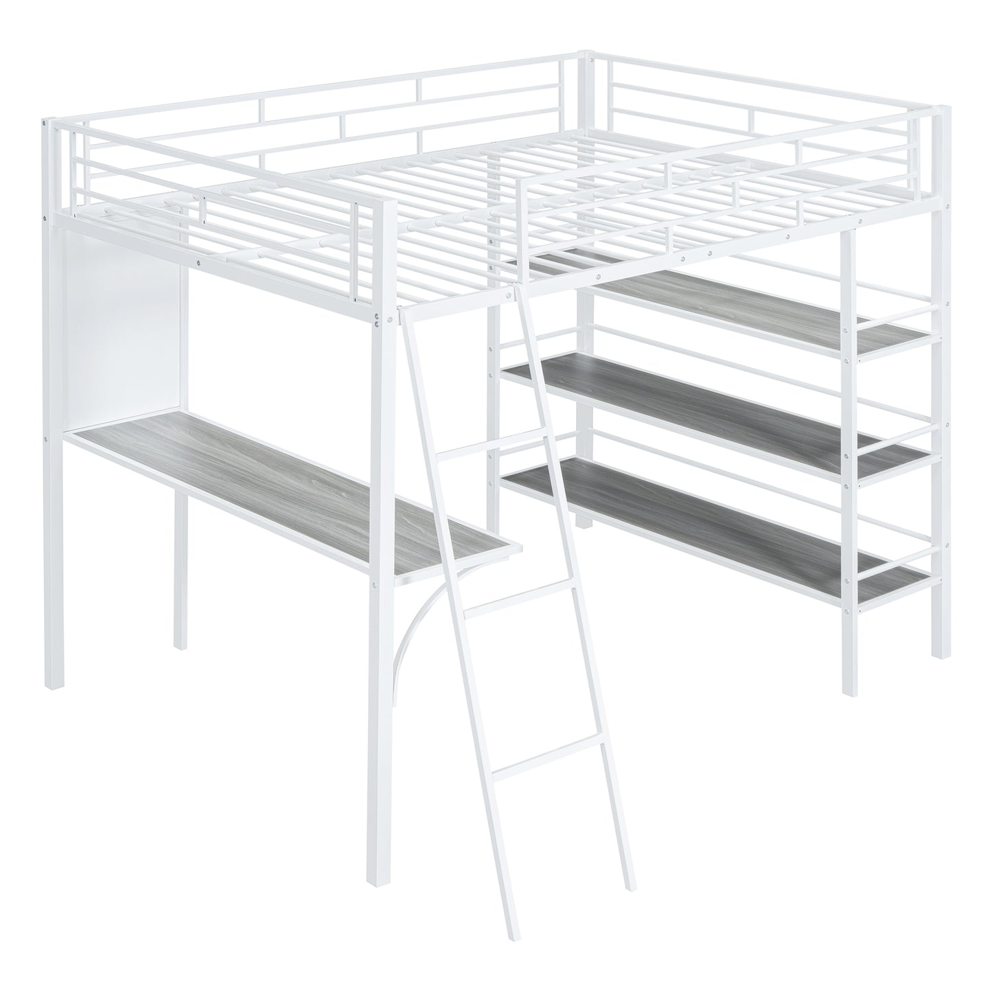 Full Size Loft Metal Bed with 3 Layers of Shelves and Desk, Stylish Metal Frame Bed with Whiteboard, White