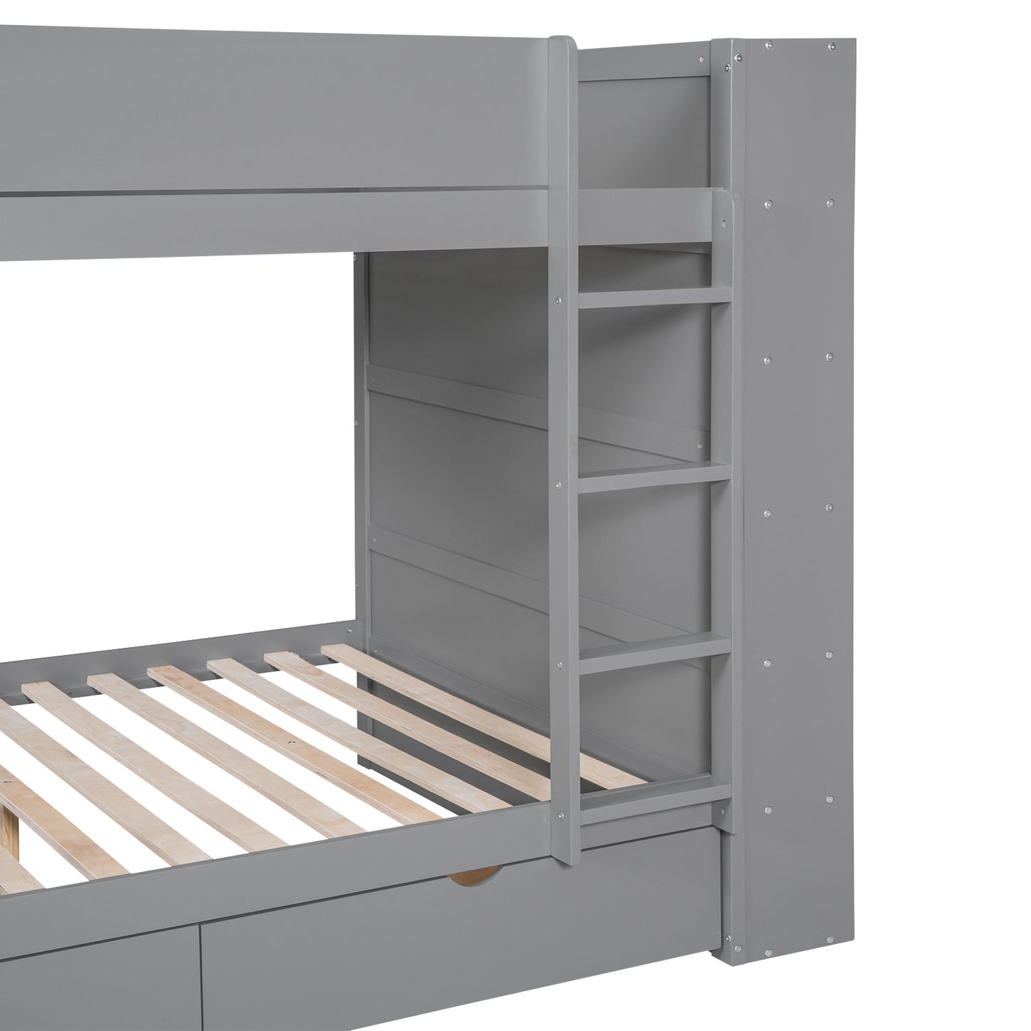 Gray Full over Full Bunk Bed with Storage Drawers and Cabinet for Kids