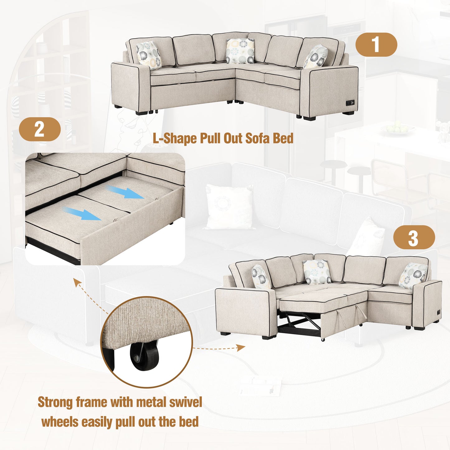 83 Cream Convertible L-Shaped Sleeper Sofa with USB Ports and Power Sockets