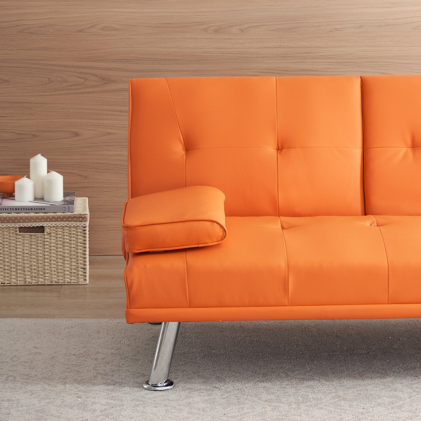 67 Orange Leather Multifunctional Double Folding Sofa Bed with Built-In Coffee Table