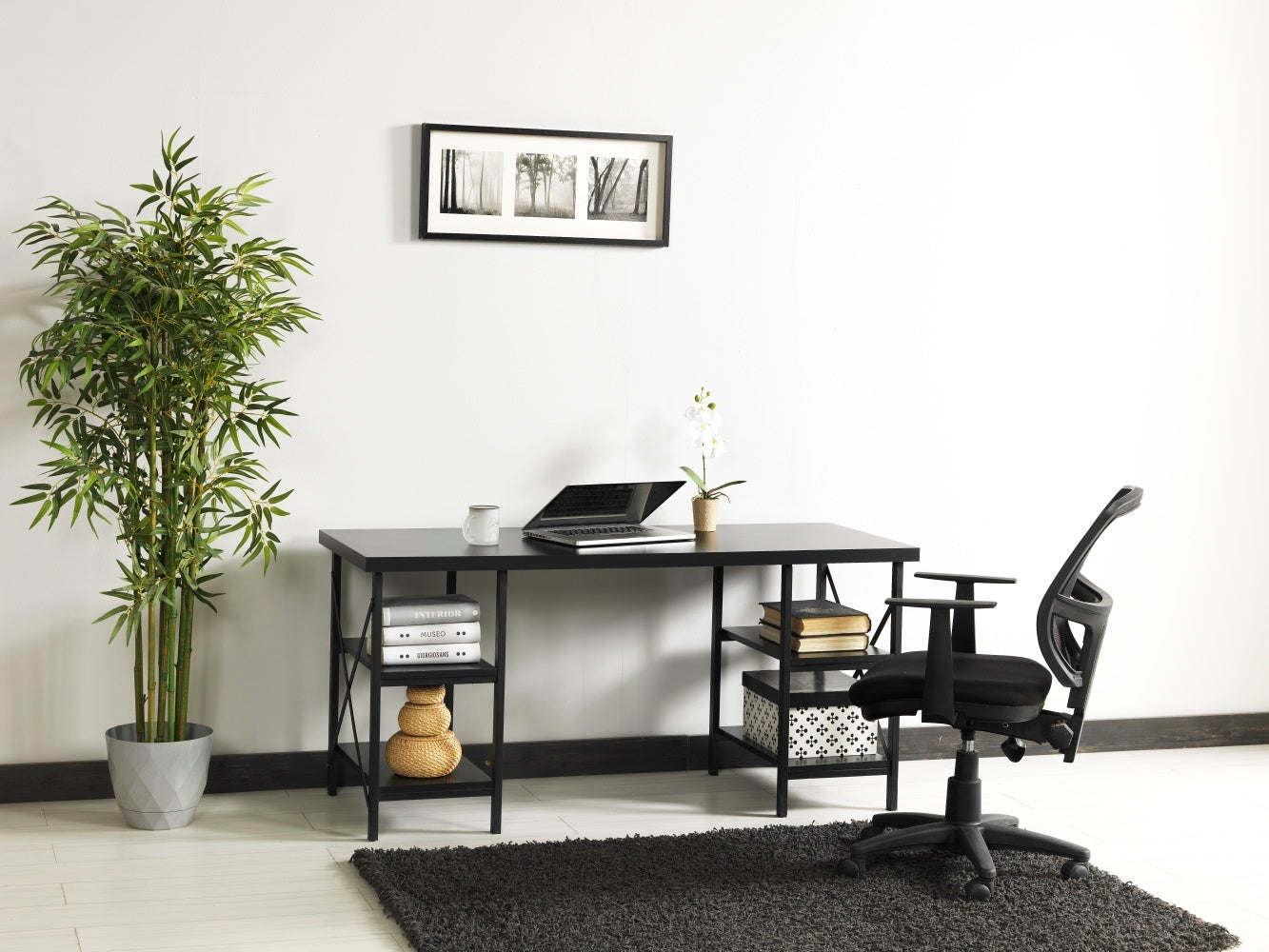 60-Inch Wide Black Wood Top Writing and Computer Desk with Metal Frame and 4 Shelves