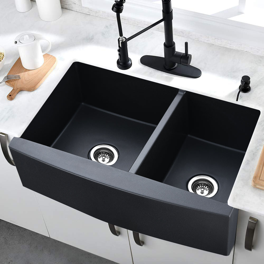 Double Bowl Matte Black Granite Composite Kitchen Sink - Durable and Functional Kitchen Sink With Easy Maintenance