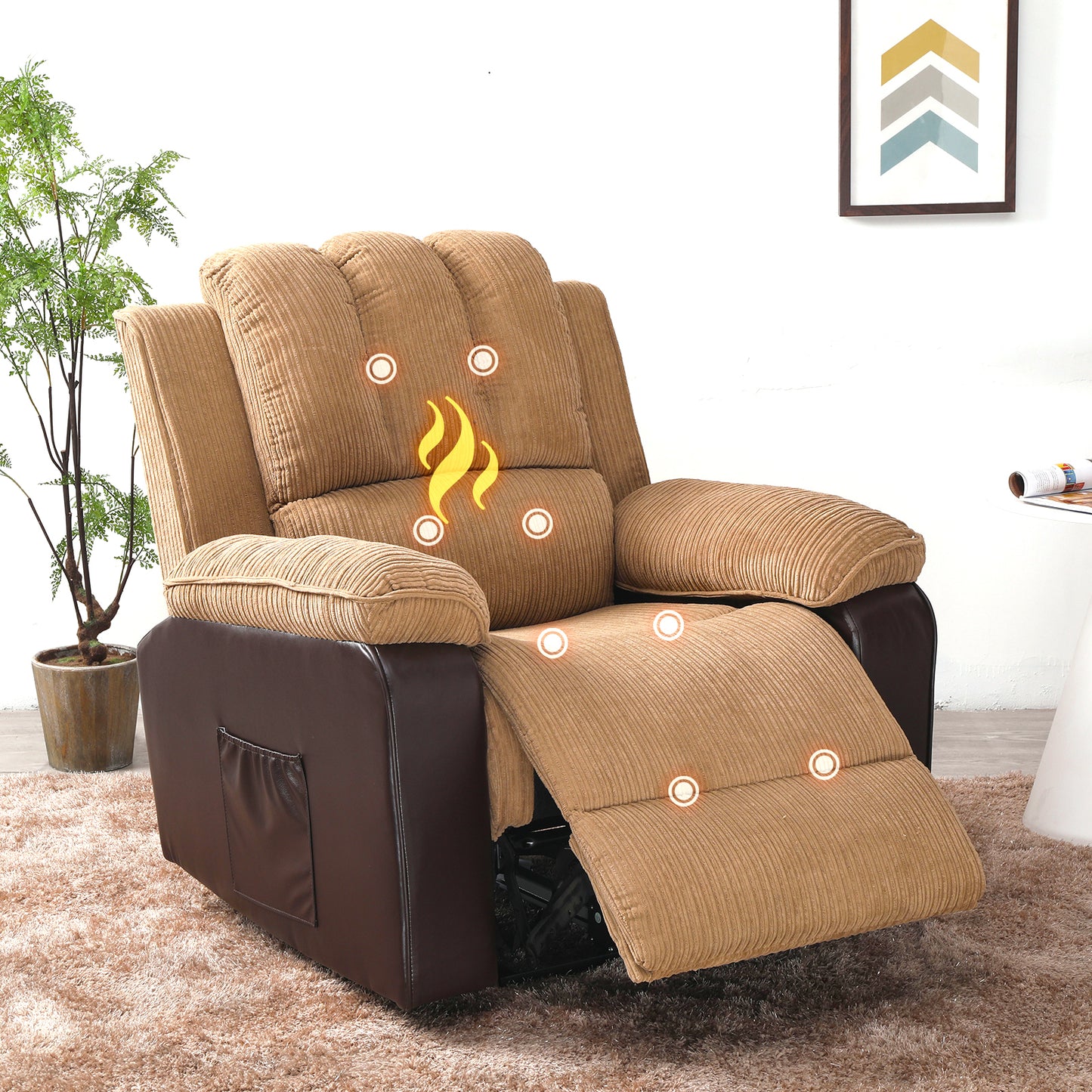 Corduroy + PU material thickened with side pockets armrests ergonomic power sofa chair with 8-point massage heating function