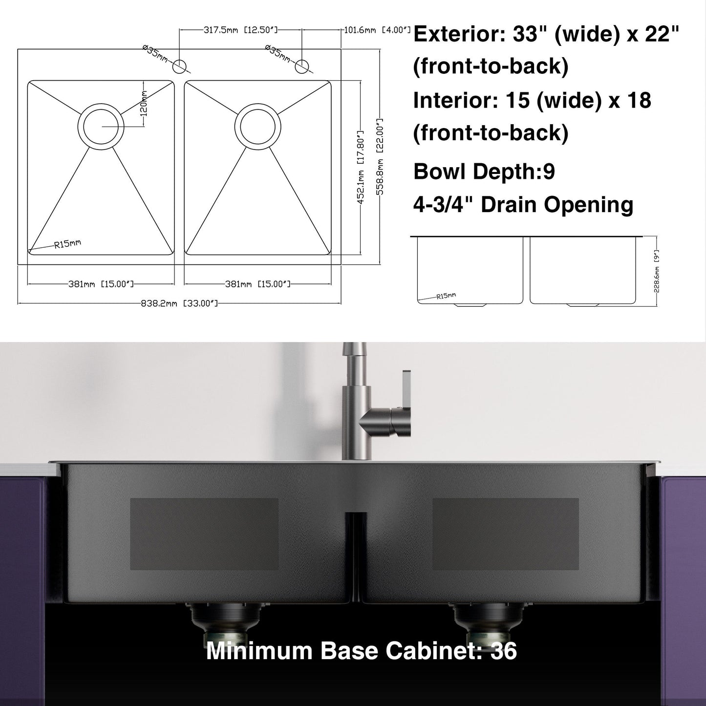 Gunmetal Black Double Bowl Topmount Kitchen Sink with Faucet