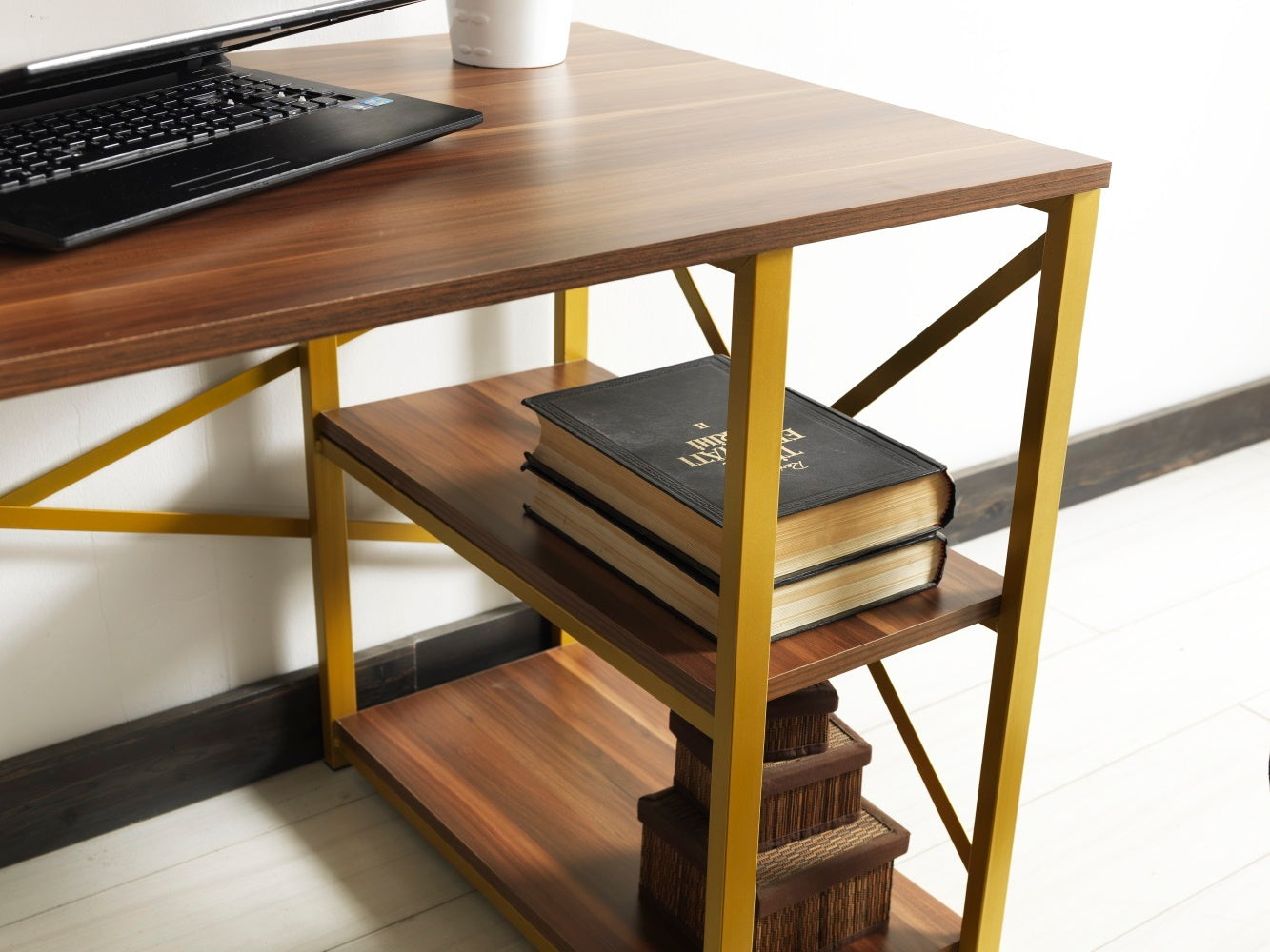 Elegant Morello Gold Metal Frame Writing and Computer Desk with Wooden Top and Shelves, White - Sophisticated Home Office Desk