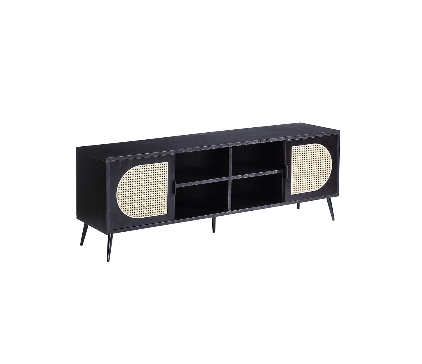 Colson TV Stand in Black - Modern Media Console with Rattan Door Front Inserts