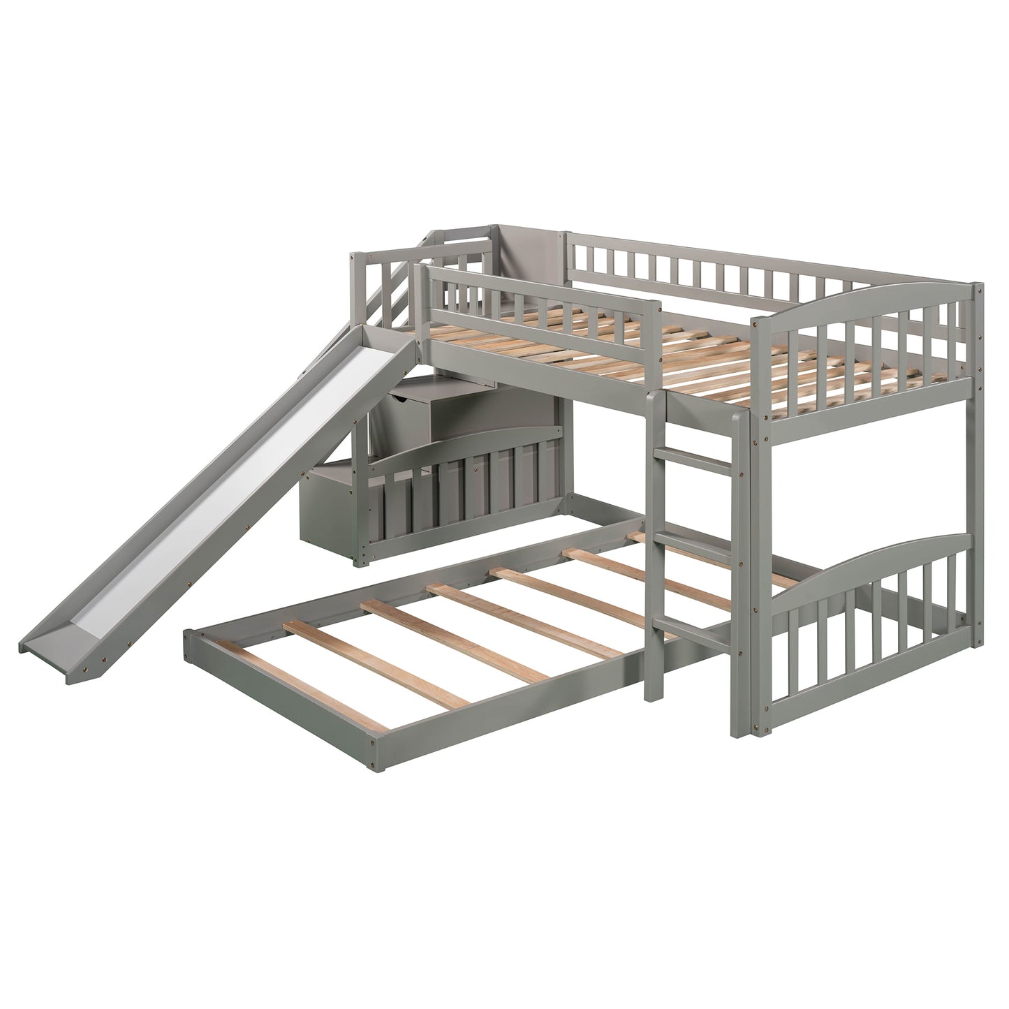 Gray Twin Bunk Bed with Slide, Drawers, and Playful Features