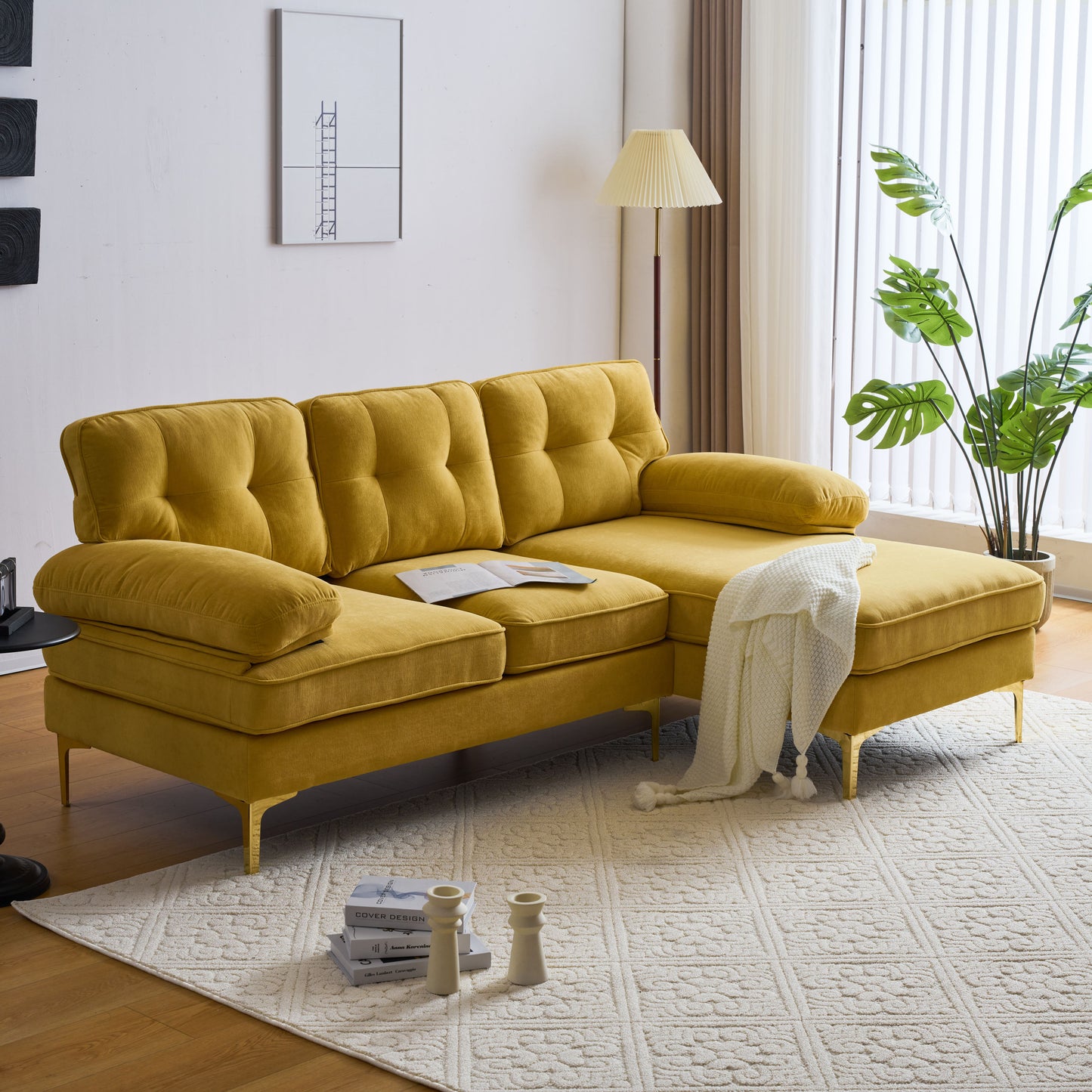 Modern Yellow Velvet L-Shaped Sectional Sofa for Living Room or Bedroom