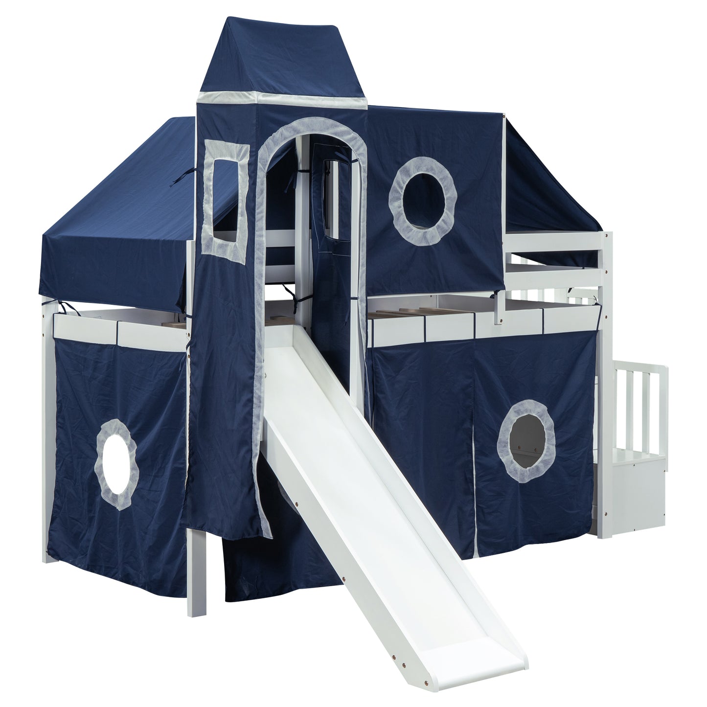 Twin Size Loft Bed with Tent and Tower - Blue