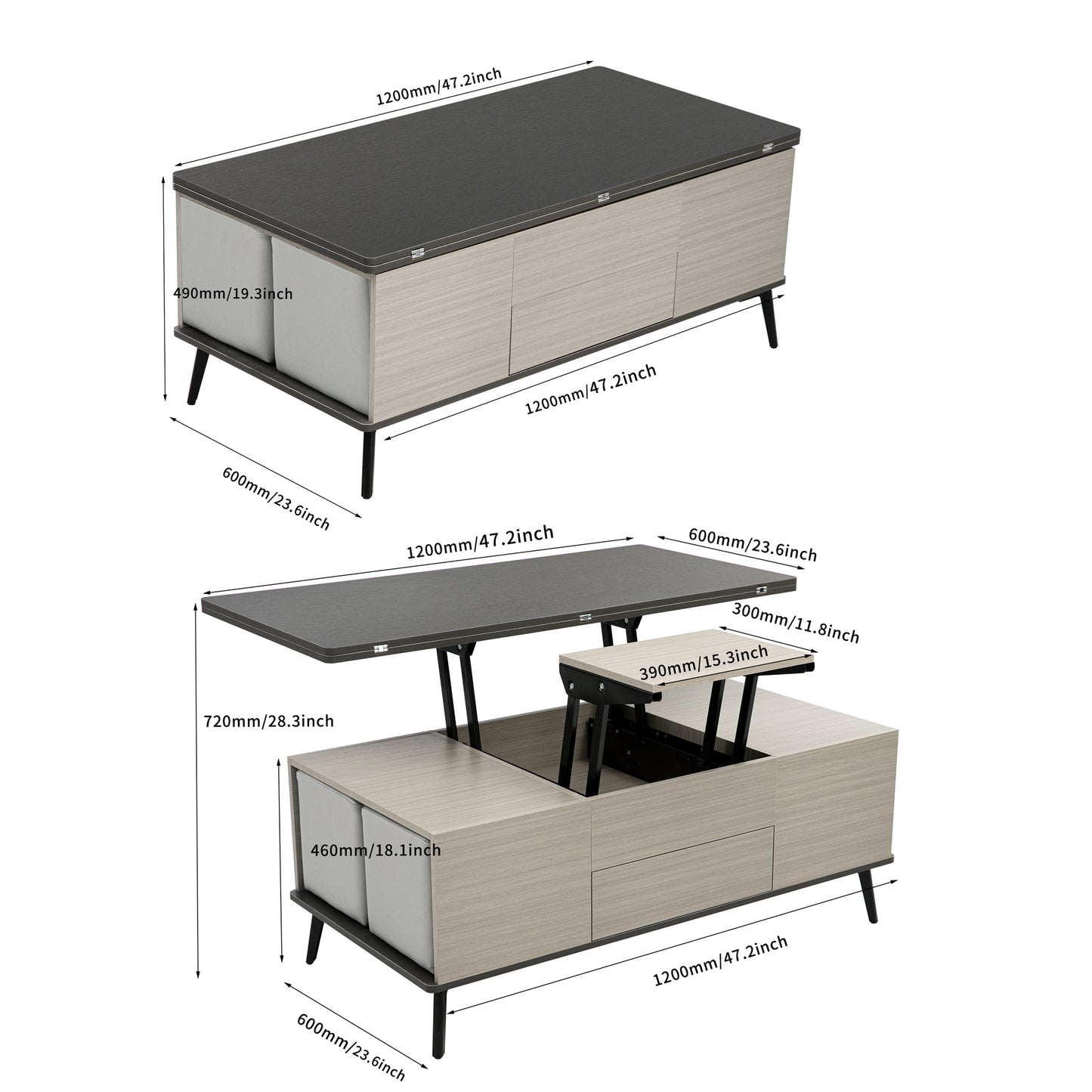 5-Piece Lift Top Coffee Table Set With Convertible Dining Table and Ottomans