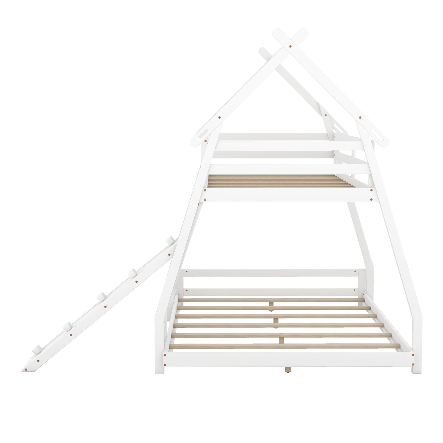 Twin and Queen Climbing House Bunk Bed with Nets and Ramp in White