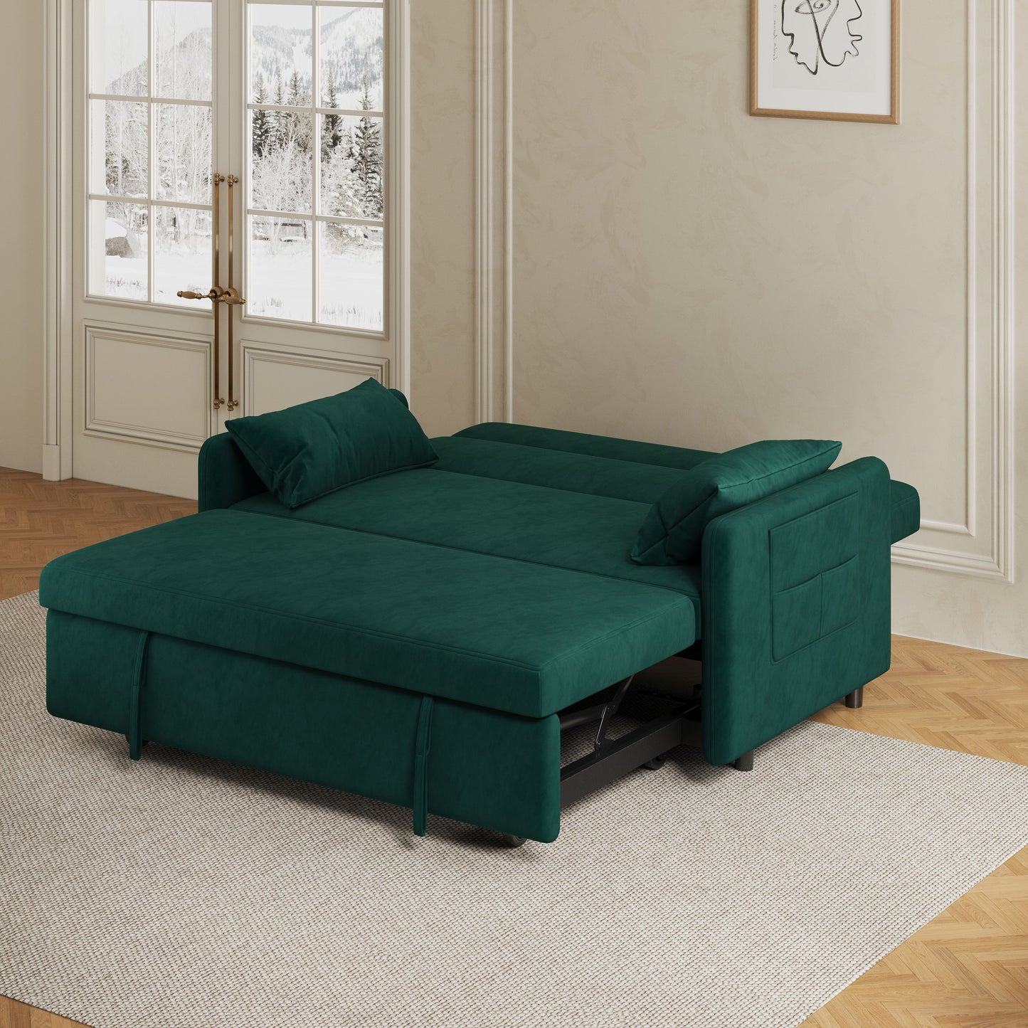 Sofa Pull Out Bed Included Two Pillows 54" Green Velvet Sofa for Small Spaces