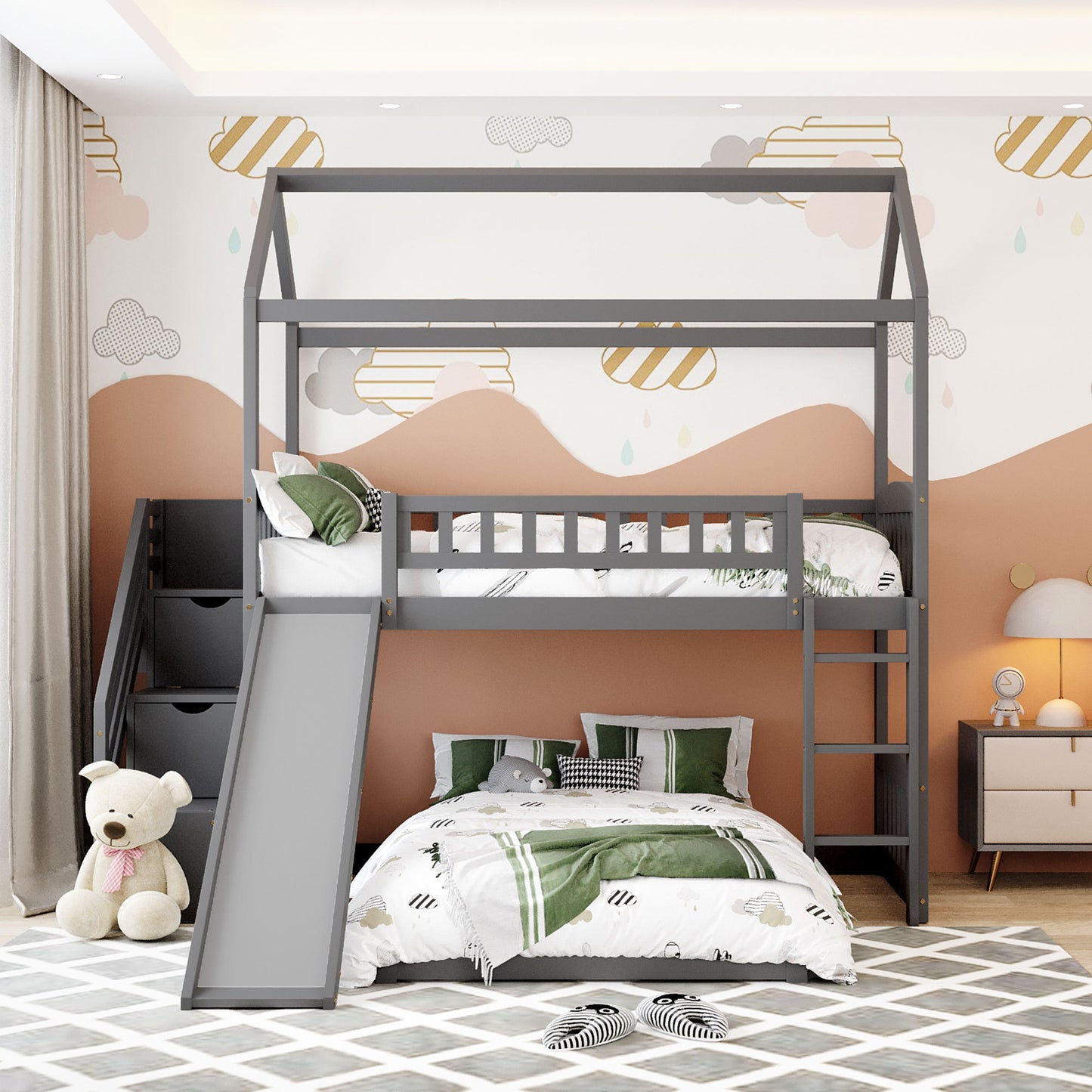 White House Design Twin Over Twin Bunk Bed with Slide and Storage Steps