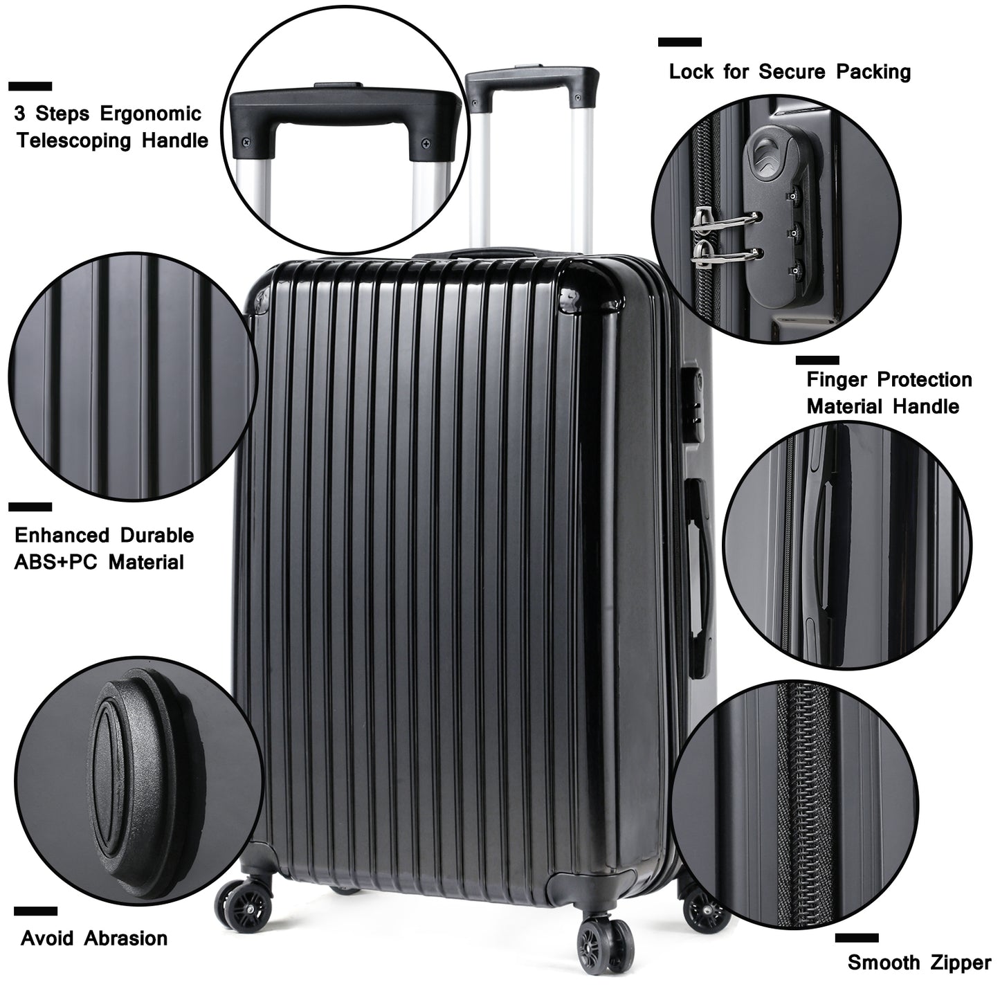 Miibox 3 Piece Set ABS+PC Material Spinner Wheel Luggage Carrier Easy Portable, Black