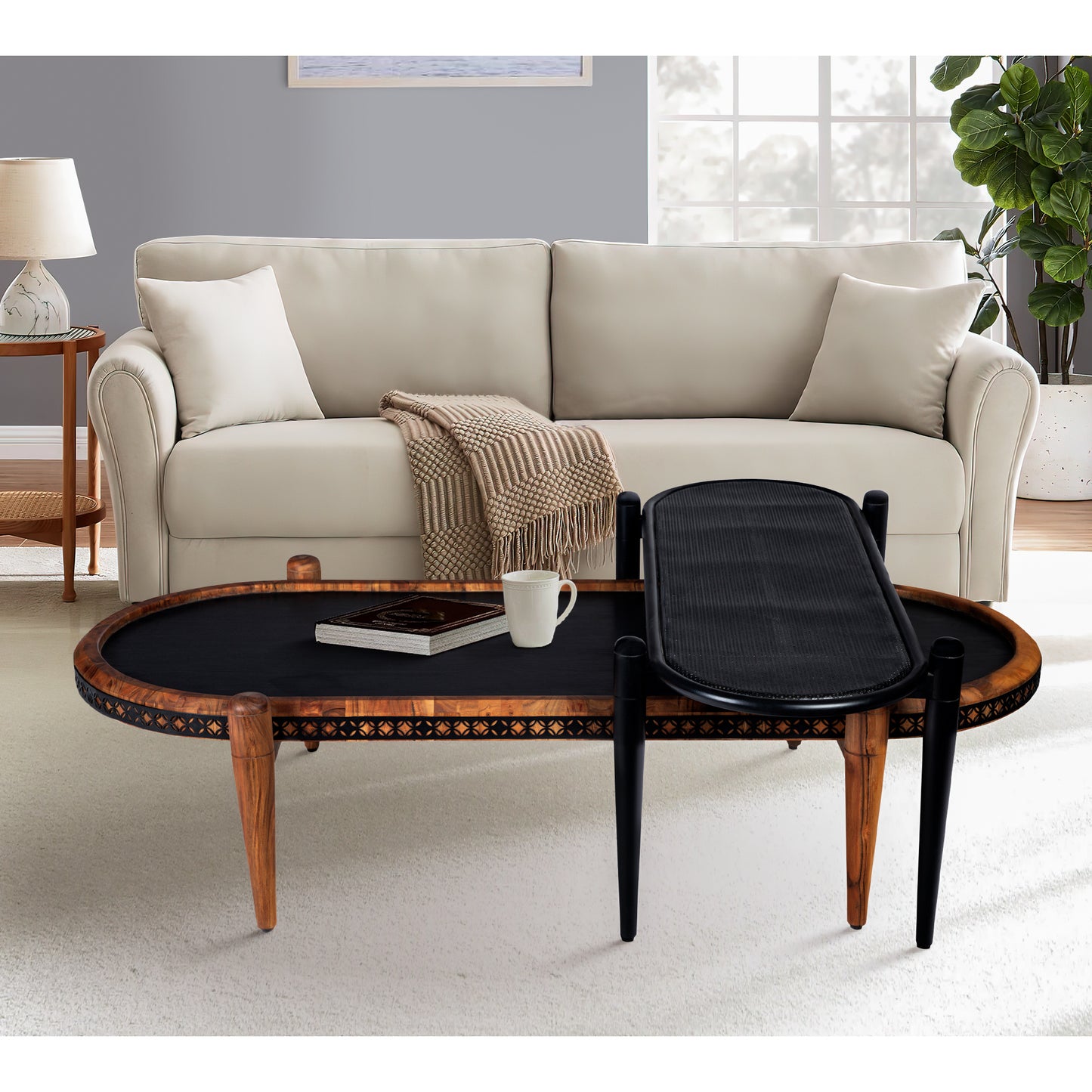 Acacia Wood and Metal Oval Nesting Coffee Table Set, Brown/Black, 50 & 39 Inch