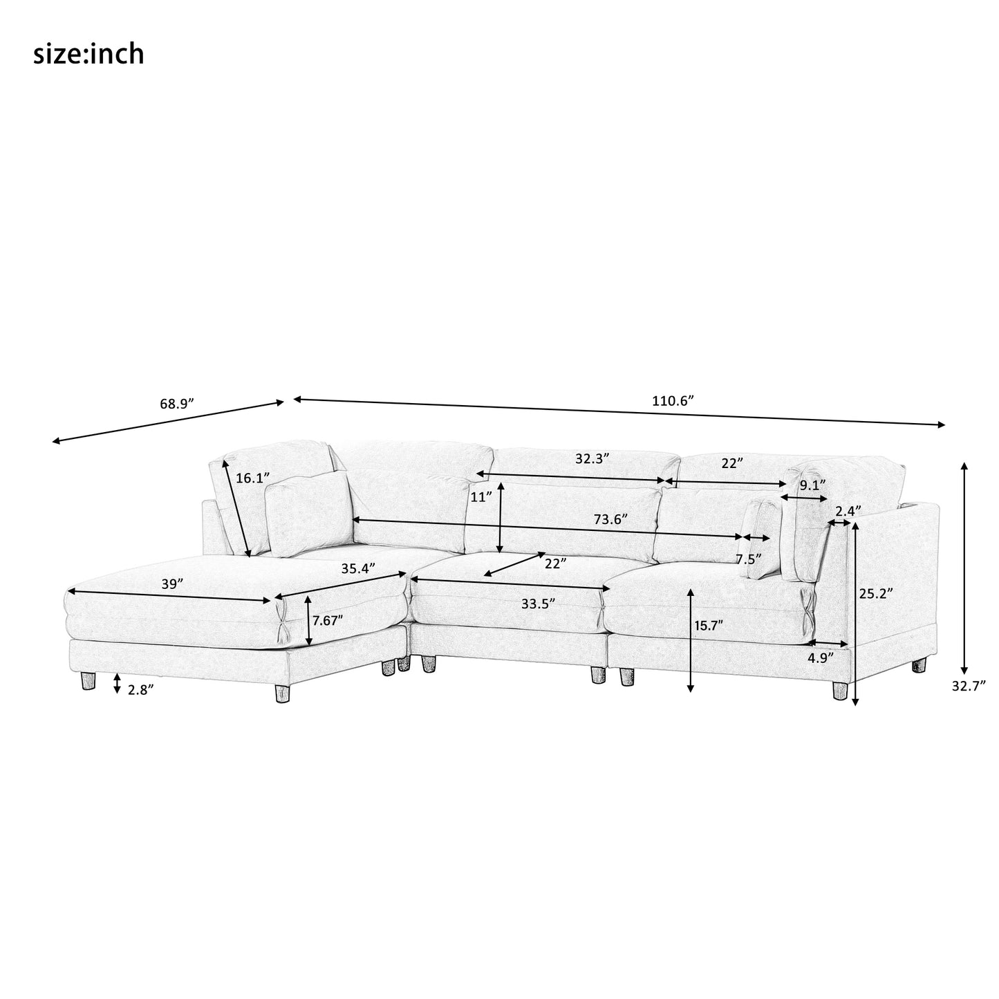 U_STYLE 2 Pieces L shaped Sofa with Removable Ottomans and comfortable waist pillows