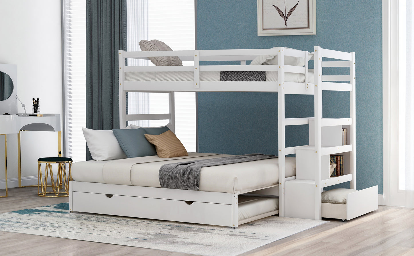 Convertible Storage Bunk Bed with Trundle, Stairs, and Versatile Design (White)