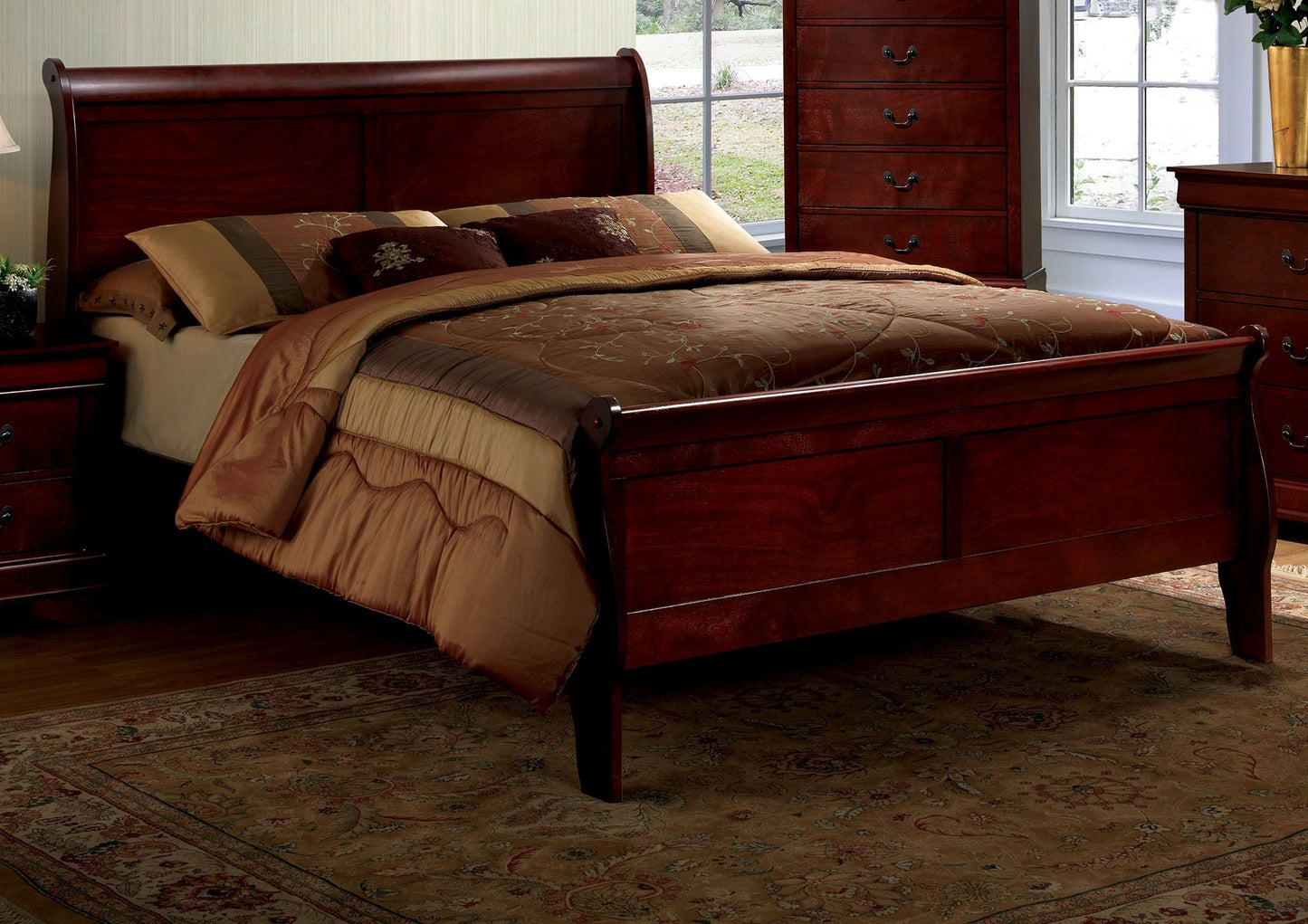 California King Size Bed Cherry Louis Phillipe Solidwood 1pc Bed Bedroom Sleigh Bed