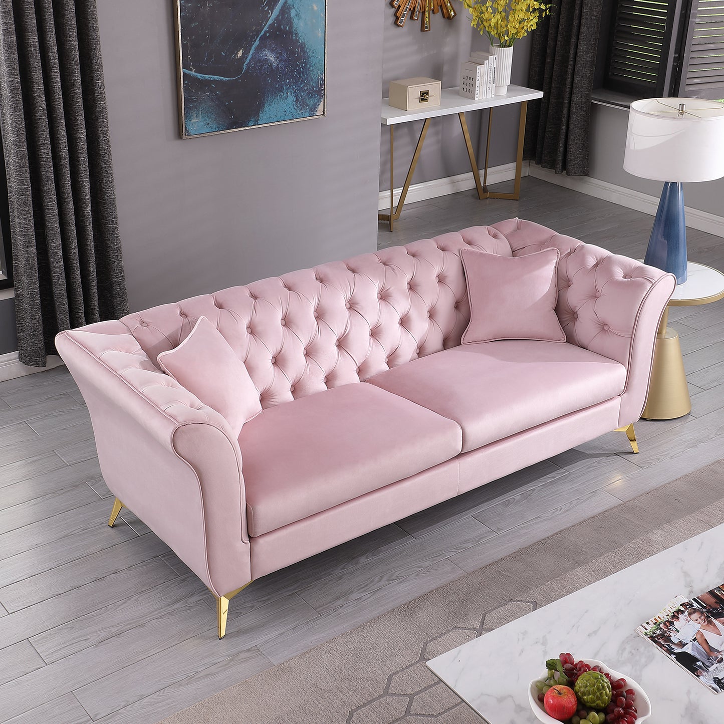 Chesterfield sofa ,Stanford sofa ,  high quality Chesterfield sofa ,pink color , tufted and wrinkled fabric  sofa;contemporary Stanford sofa ; tufted sofa with scroll  arm and scroll back.loveseater