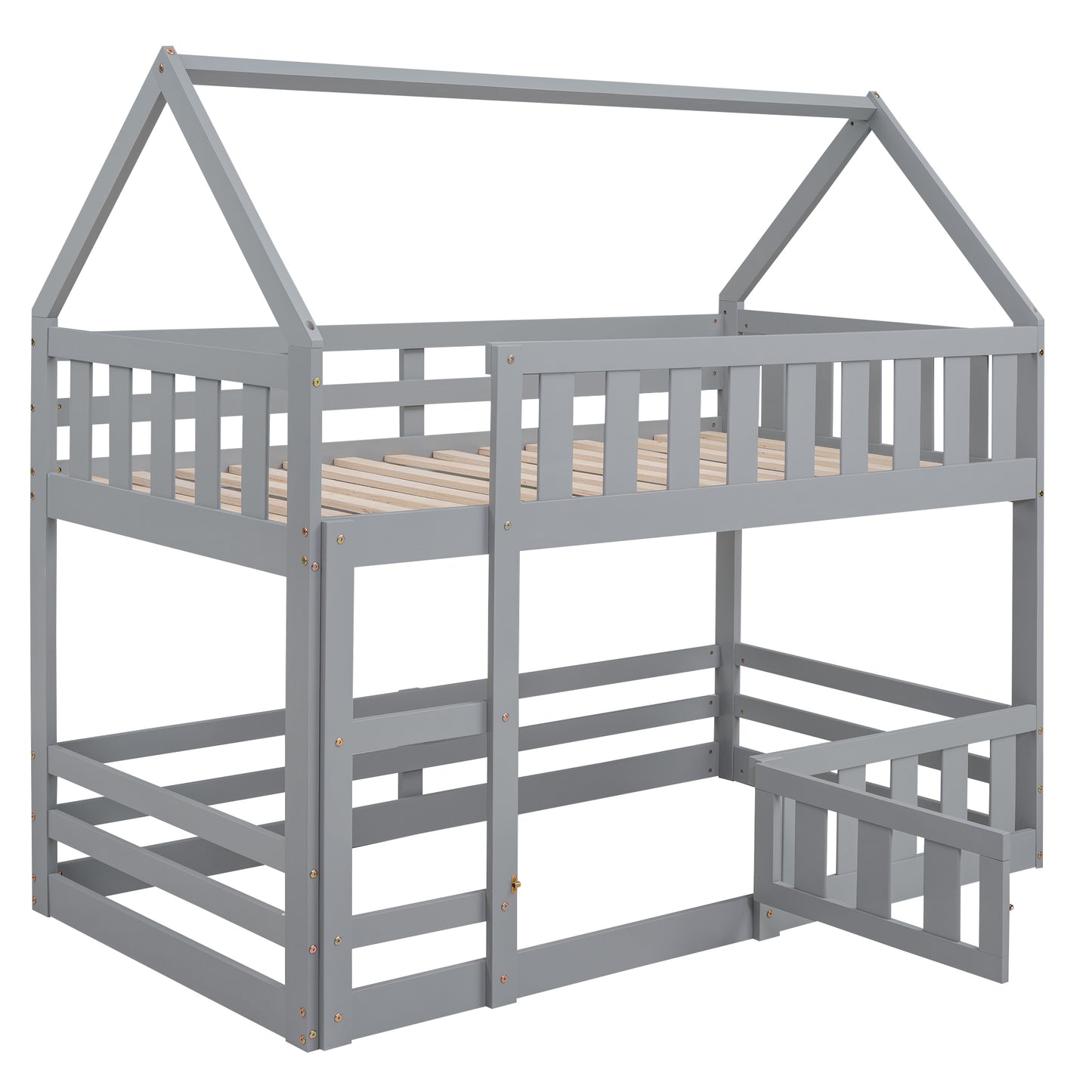 Twin House Bunk Bed with Gray Fence and Door