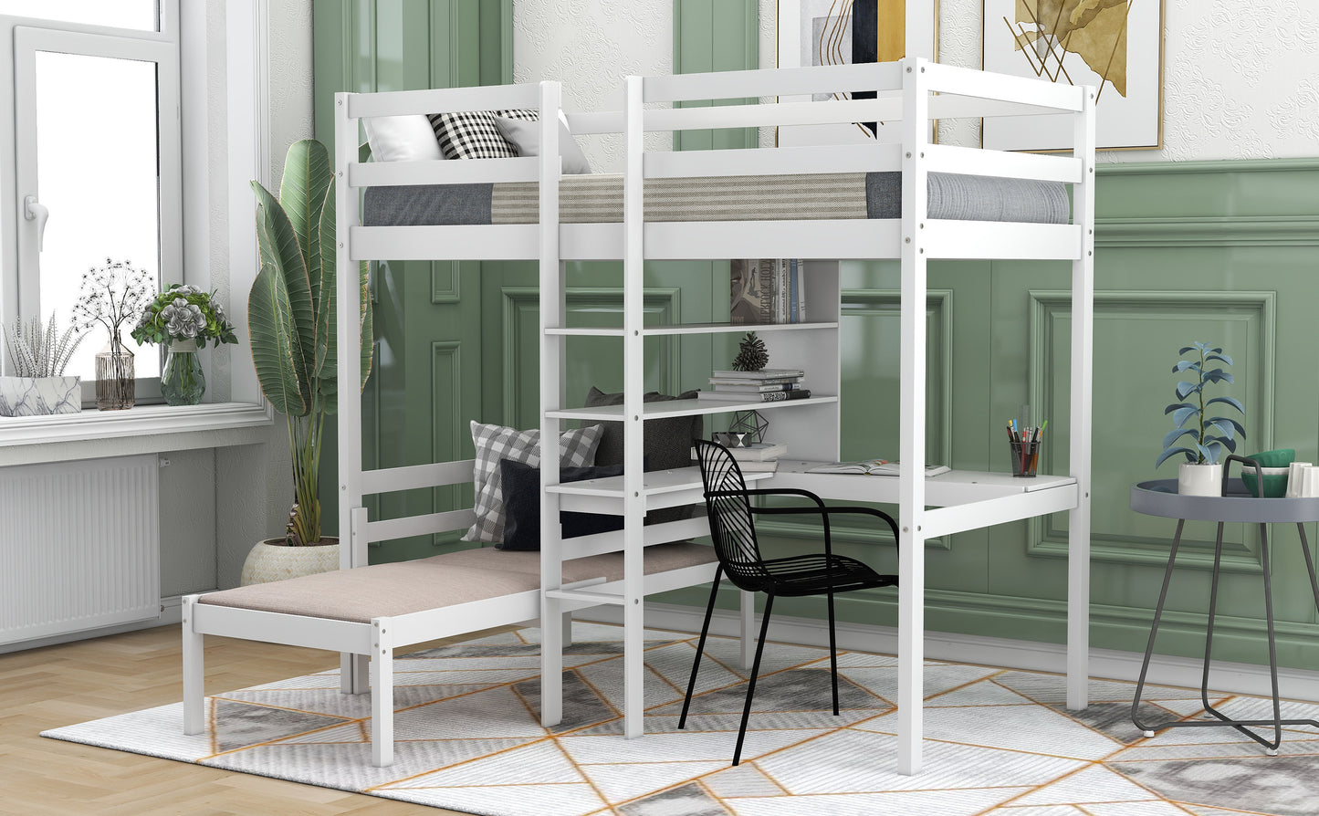 Convertible Loft Bed with L-Shaped Desk and Twin Bunk Bed in White Finish - Space-Saving Bedroom Solution