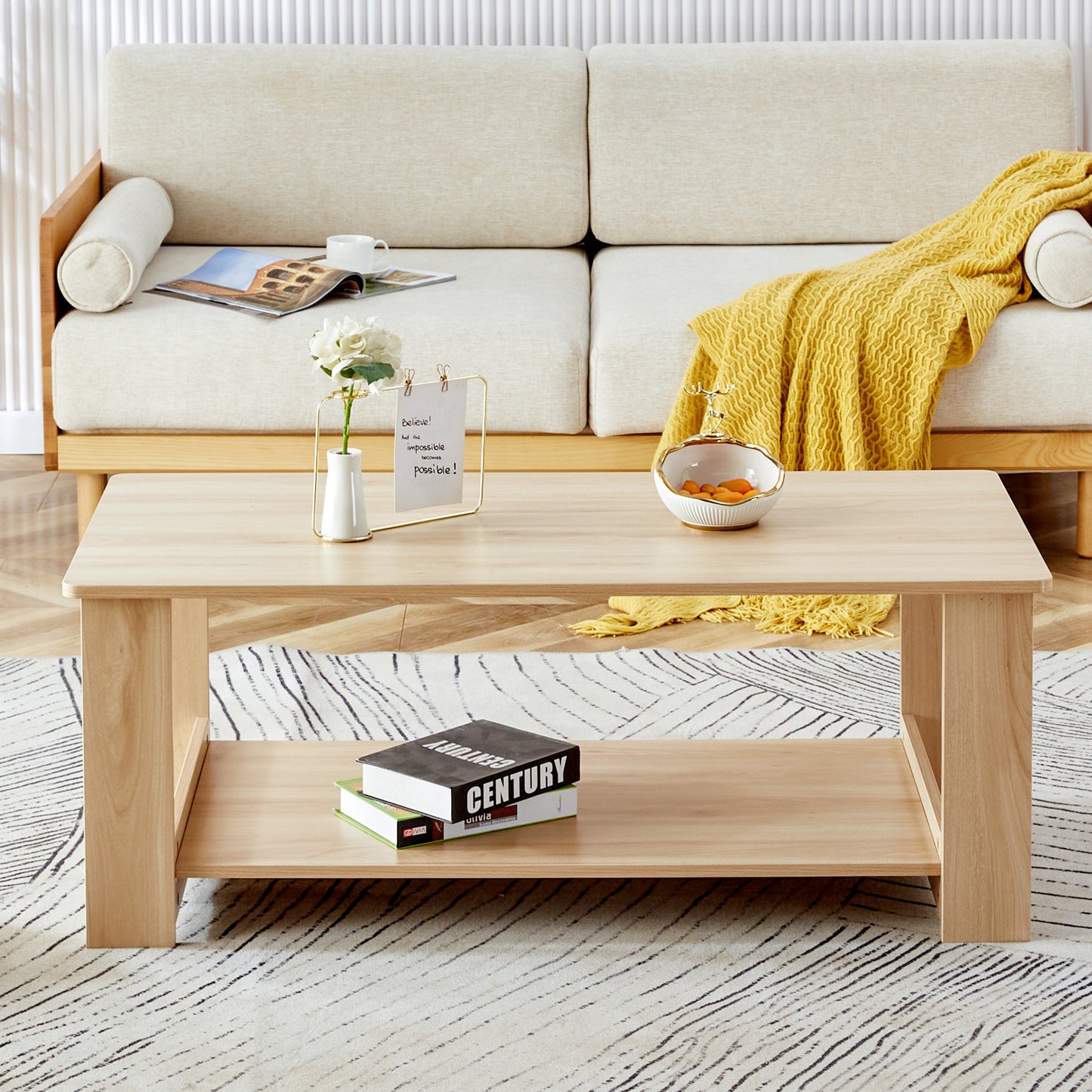 Modern Dual-Layer Log Textured Coffee Table with MDF Material